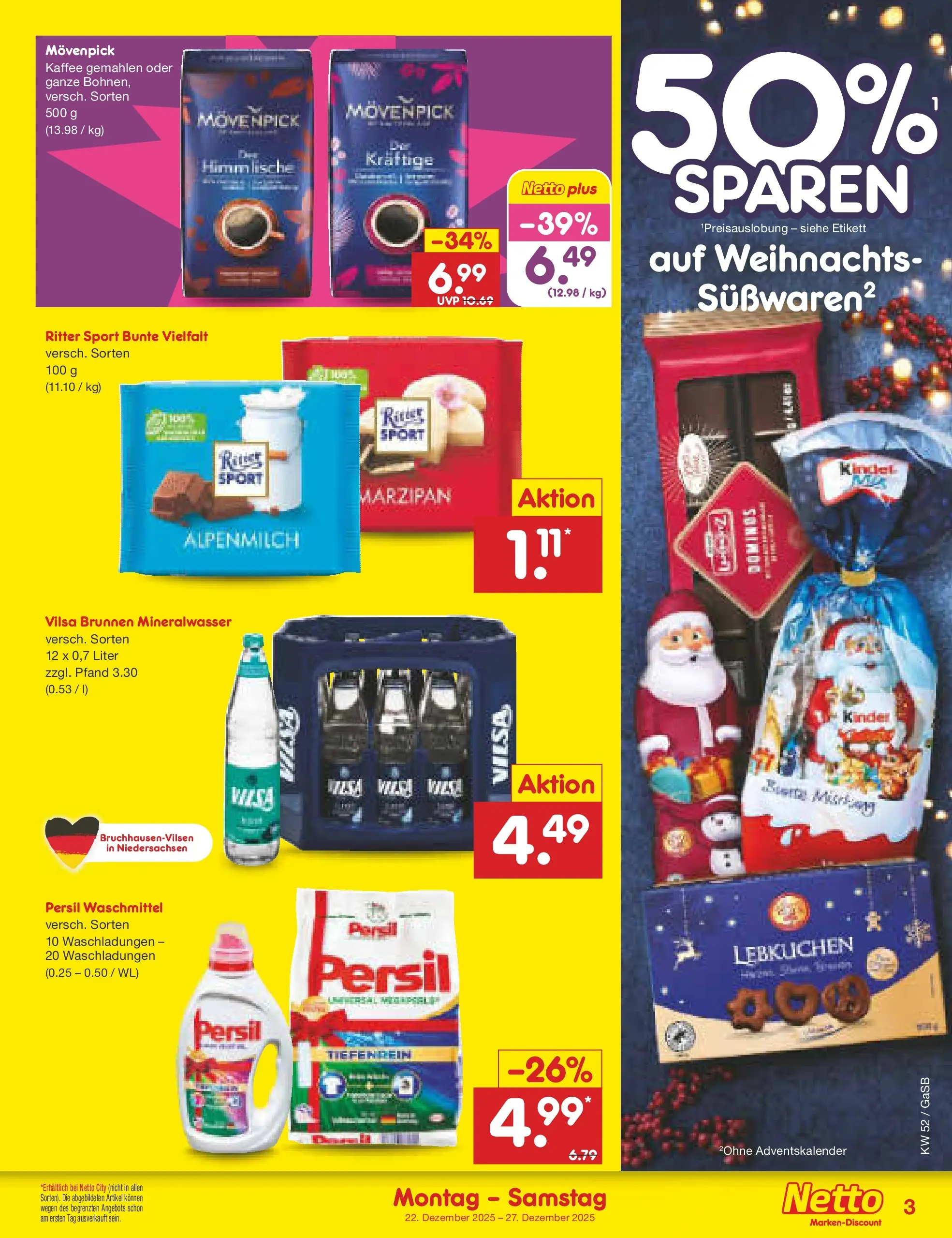 Netto Marken-Discount prospekt Bremen-Lesum	 (ab 22.12.2025) » Angebote | Seite: 3 | Produkte: Ritter sport, Mineralwasser, Movenpick kaffee, Persil