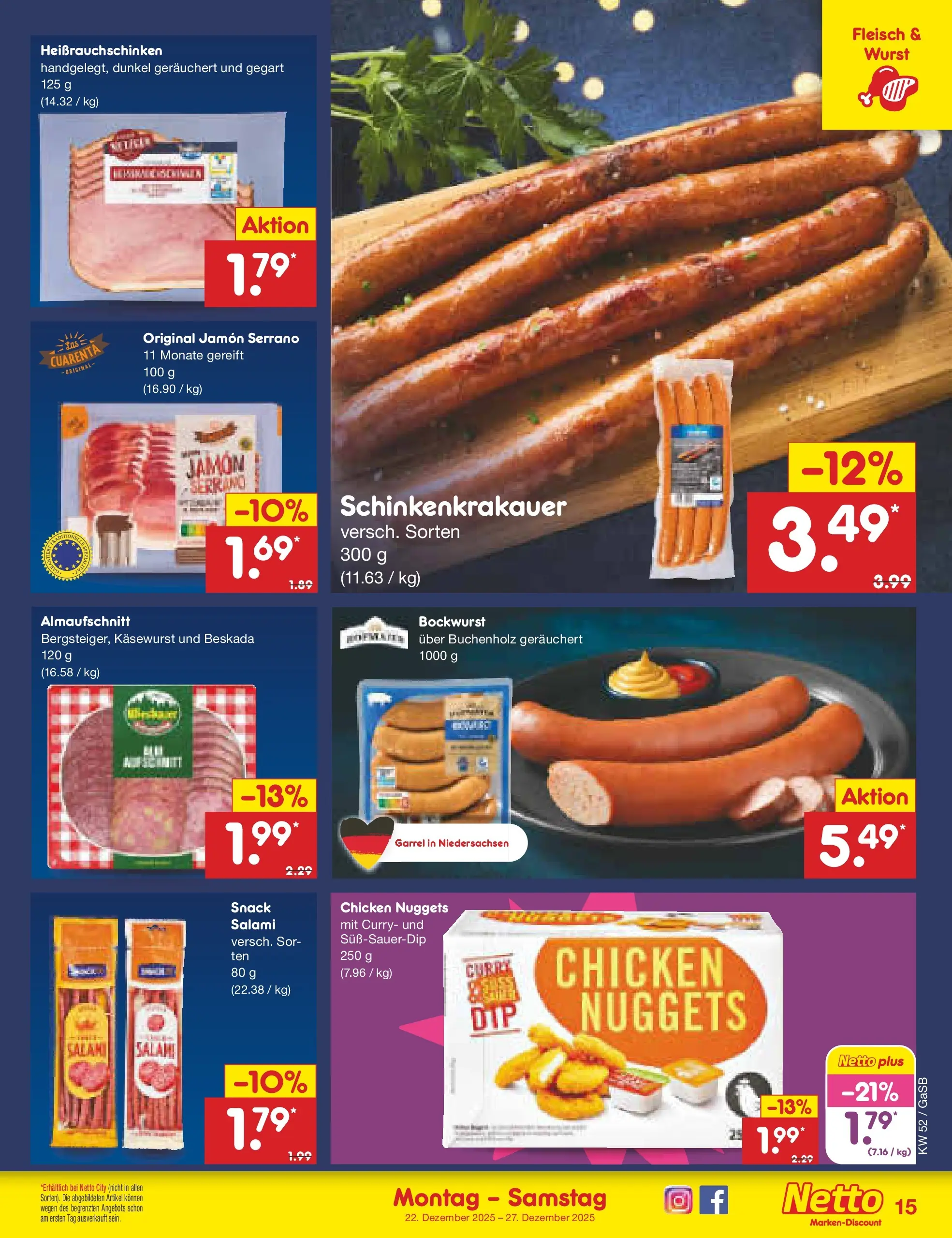 Netto Marken-Discount prospekt Bremen-Lesum	 (ab 22.12.2025) » Angebote | Seite: 15 | Produkte: Bockwurst, Wurst, Salami, Fleisch