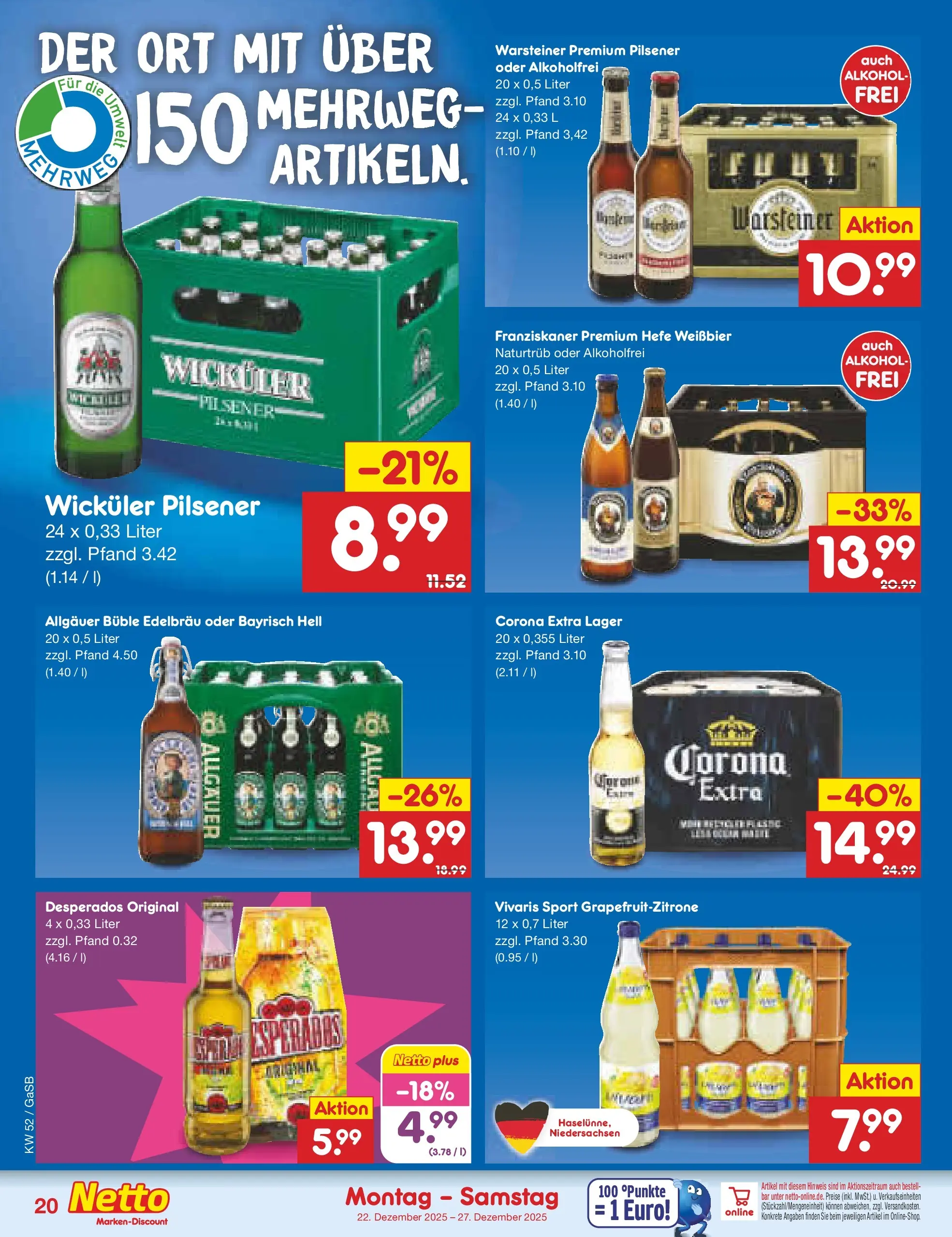 Netto Marken-Discount prospekt Bremen-Lesum	 (ab 22.12.2025) » Angebote | Seite: 20 | Produkte: Franziskaner, Hefe weissbier, Warsteiner, Desperados