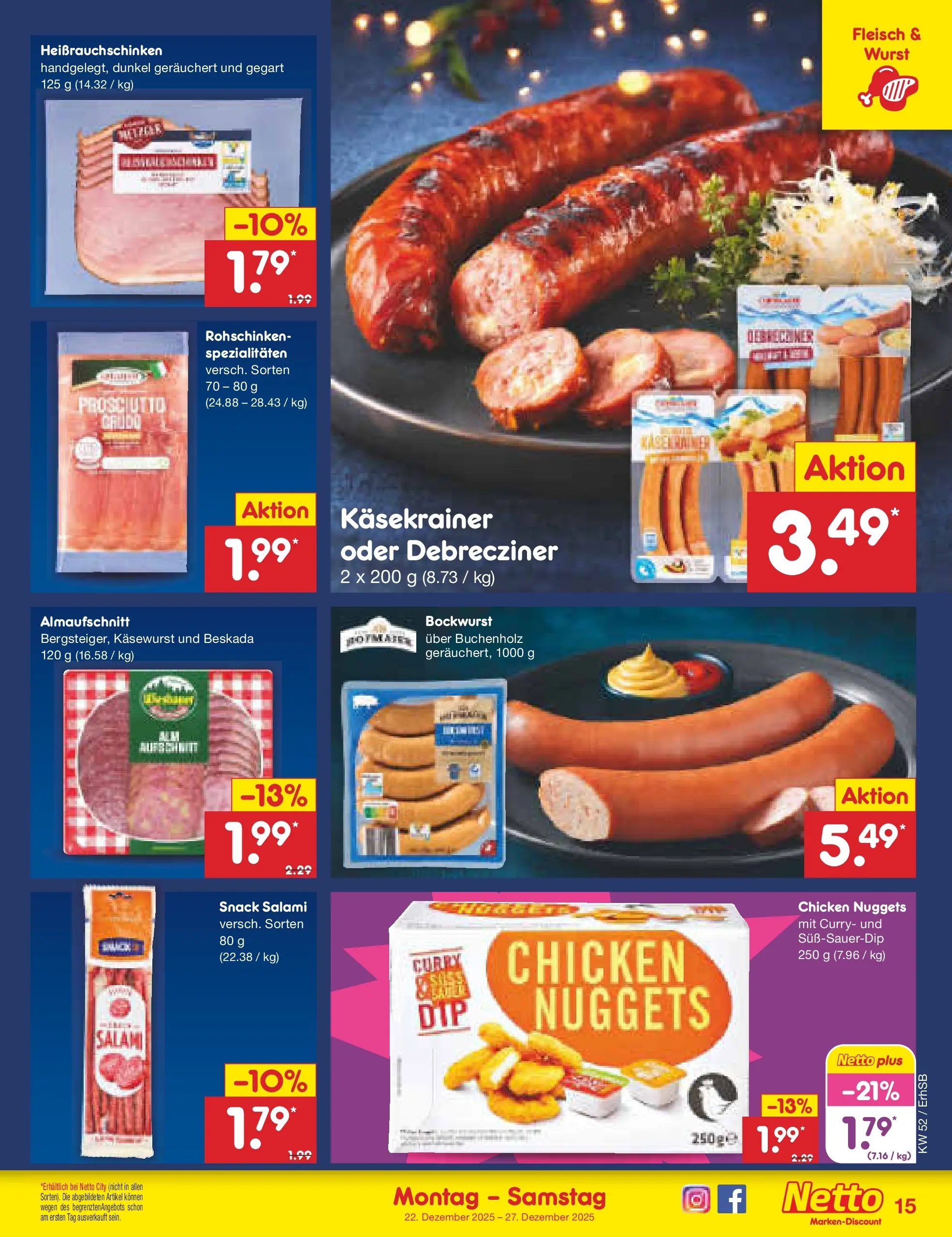 Netto Marken-Discount prospekt Metten	 (ab 22.12.2025) » Angebote | Seite: 15 | Produkte: Bockwurst, Käsekrainer, Salami, Fleisch