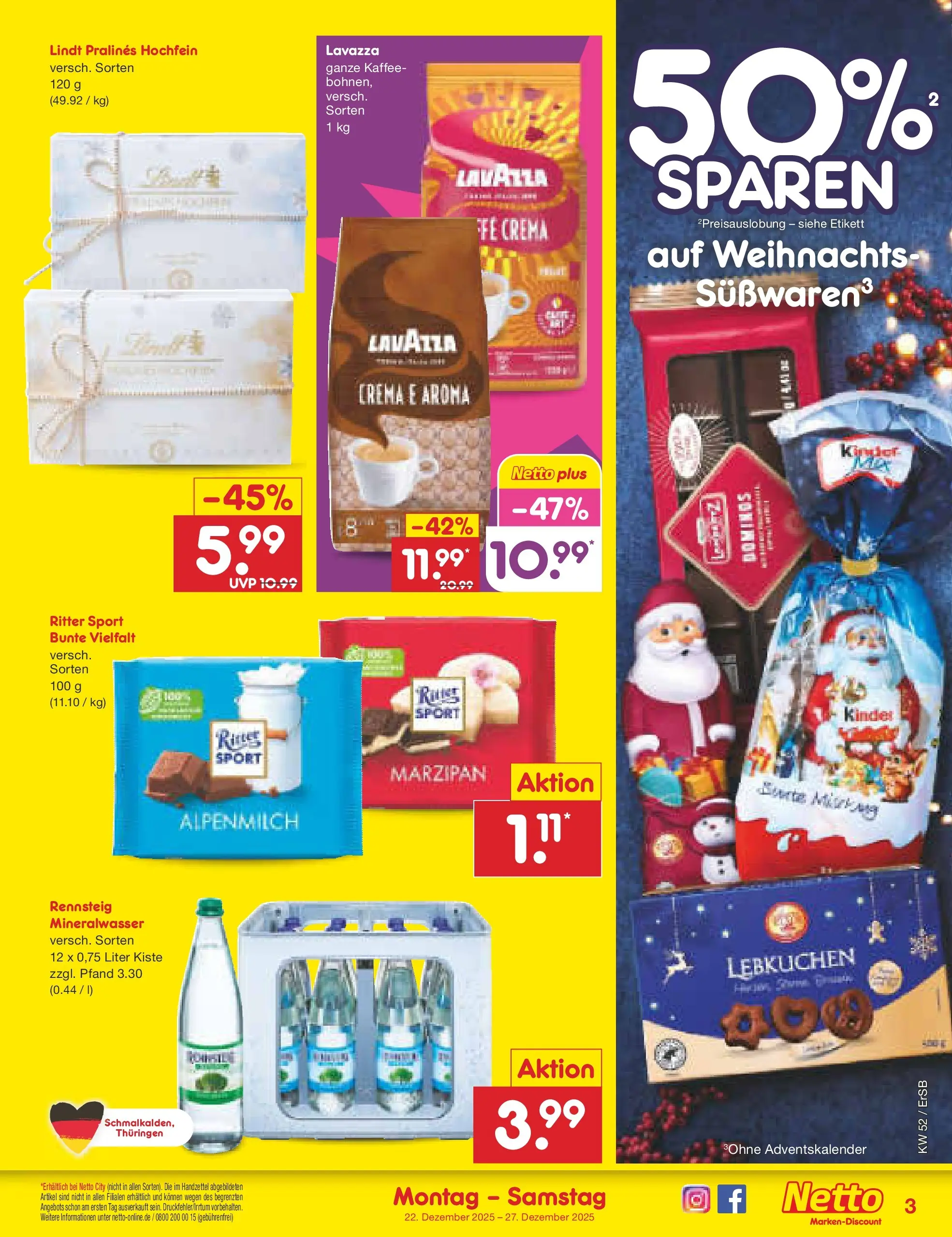 Netto Marken-Discount prospekt Nordhausen	 (ab 22.12.2025) » Angebote | Seite: 3 | Produkte: Lavazza, Kaffee, Mineralwasser, Lindt