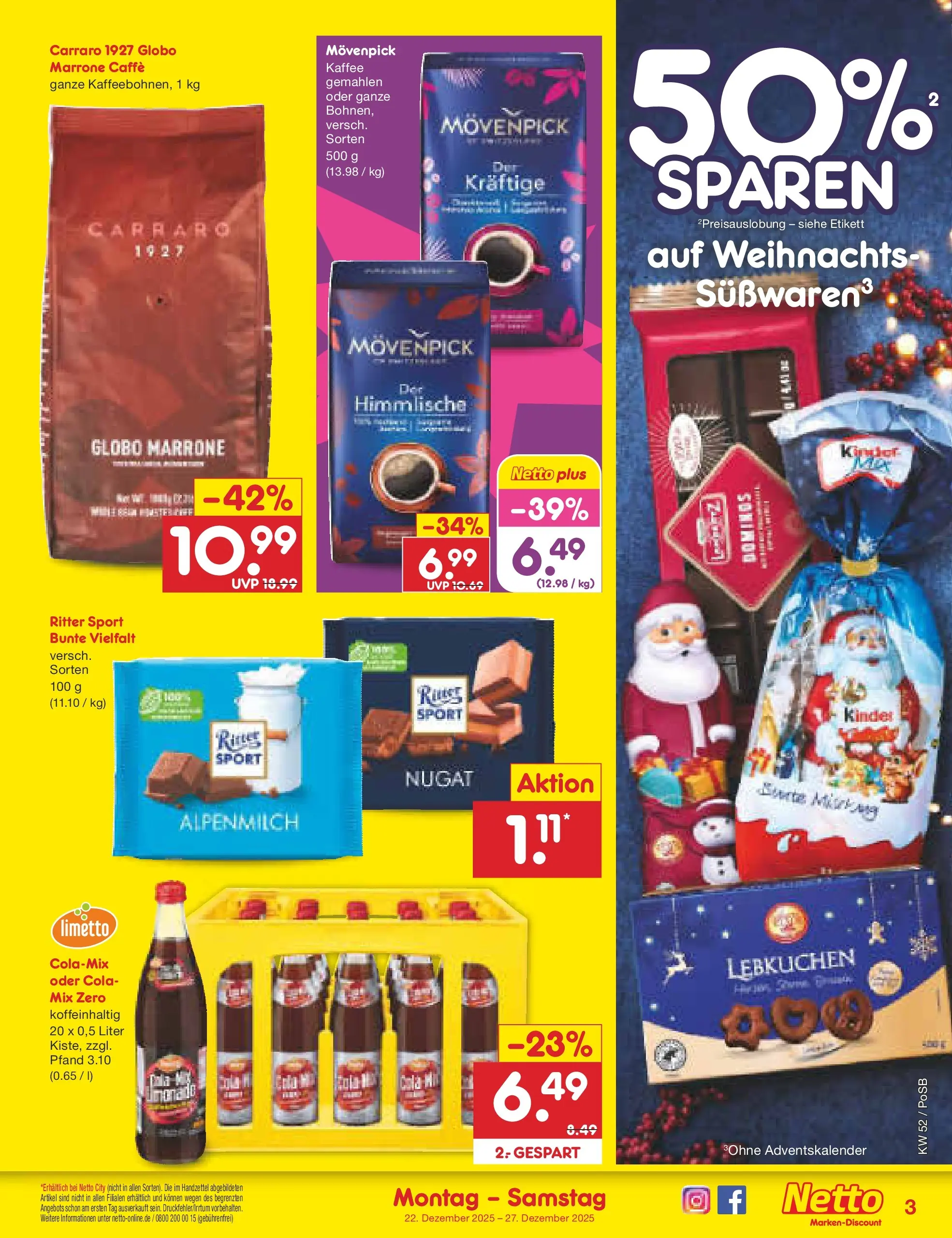 Netto Marken-Discount prospekt Regensburg	 (ab 22.12.2025) » Angebote | Seite: 3 | Produkte: Cola, Kaffee, Ritter sport