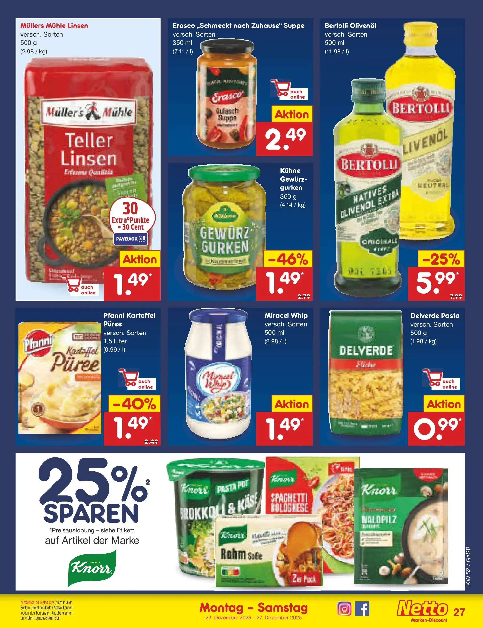 Netto Marken-Discount prospekt Bremen-Lesum	 (ab 22.12.2025) » Angebote | Seite: 27 | Produkte: Mühle, Olivenol, Pasta, Gurken