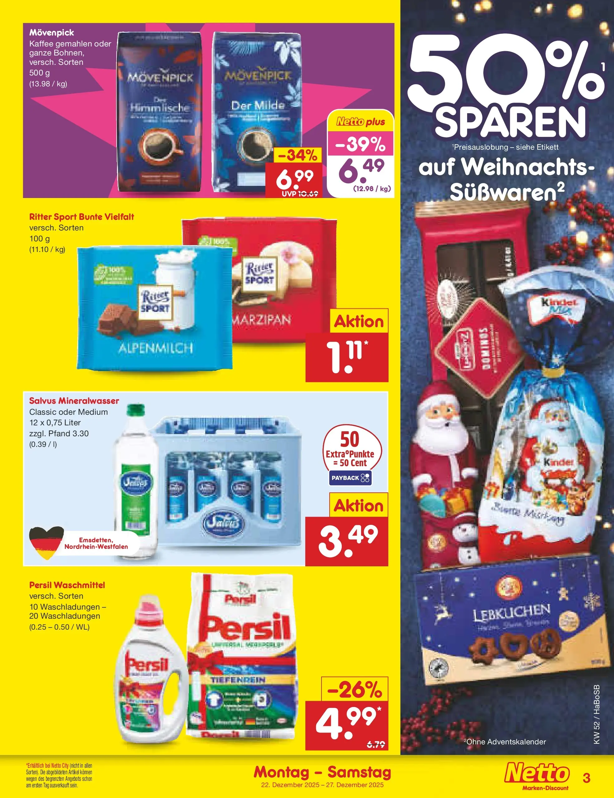 Netto Marken-Discount prospekt Stadtlohn	 (ab 22.12.2025) » Angebote | Seite: 3 | Produkte: Ritter sport, Mineralwasser, Movenpick kaffee, Persil