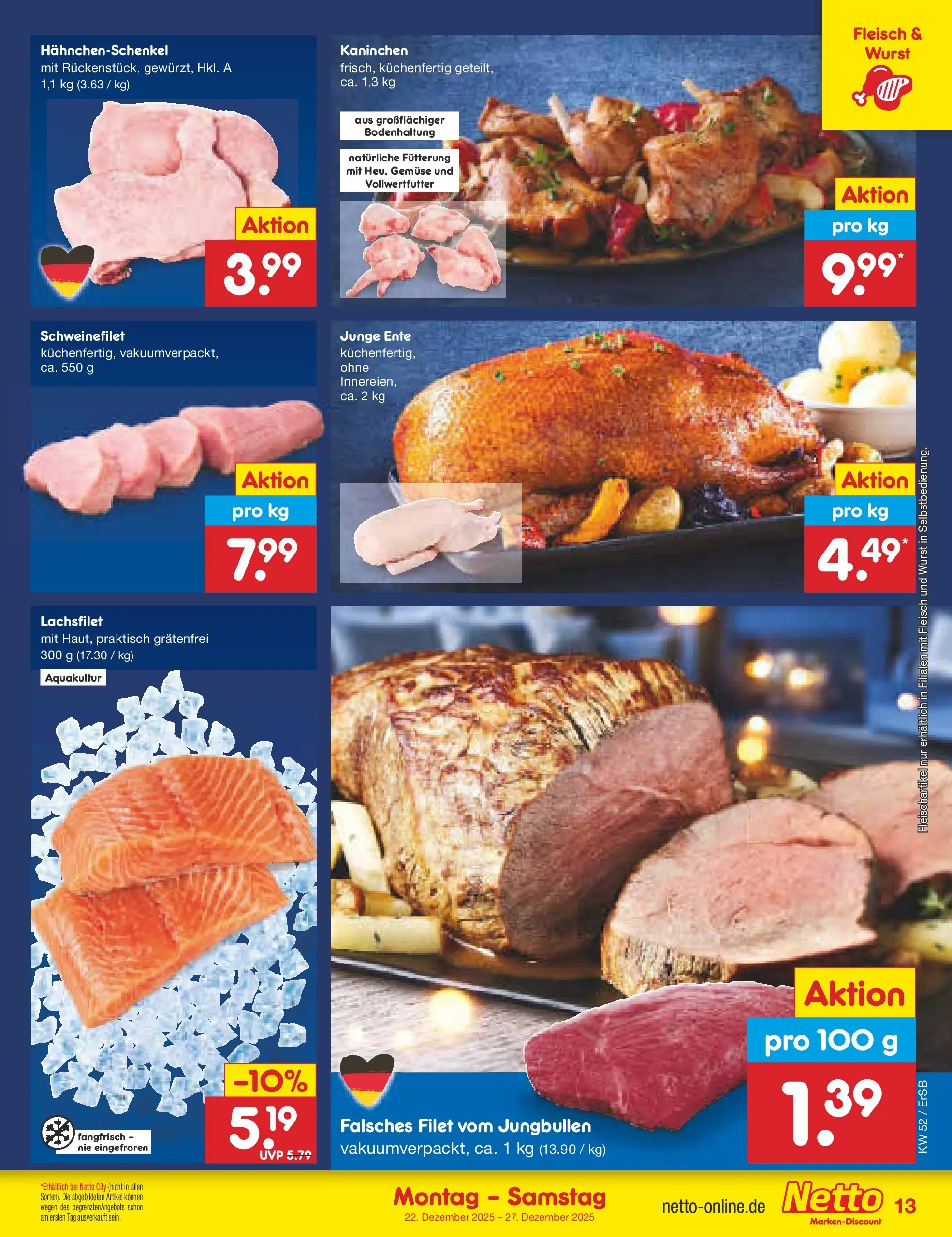 Netto Marken-Discount prospekt Nordhausen	 (ab 22.12.2025) » Angebote | Seite: 13 | Produkte: Kaninchen, Schweinefilet, Fleisch, Ente