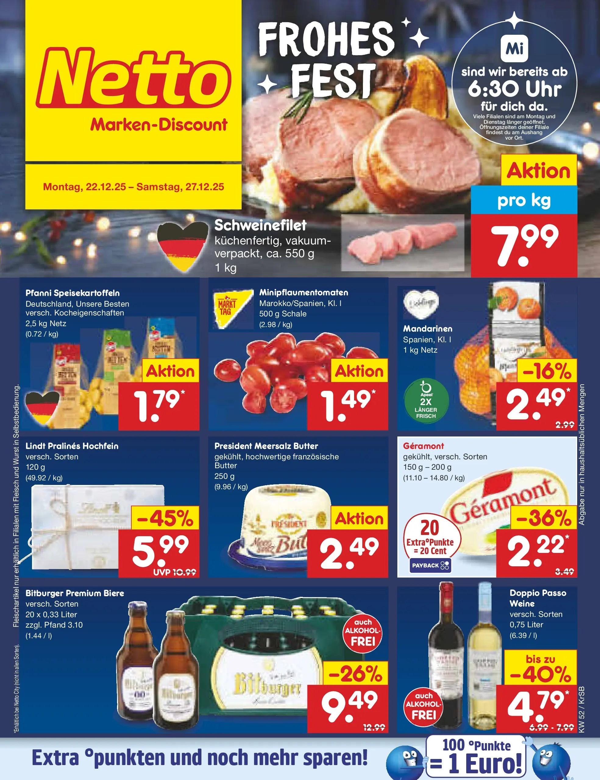 Netto Marken-Discount prospekt Jüchen	 (ab 22.12.2025) » Angebote | Seite: 1 | Produkte: Butter, Schweinefilet, Lindt, Fleisch