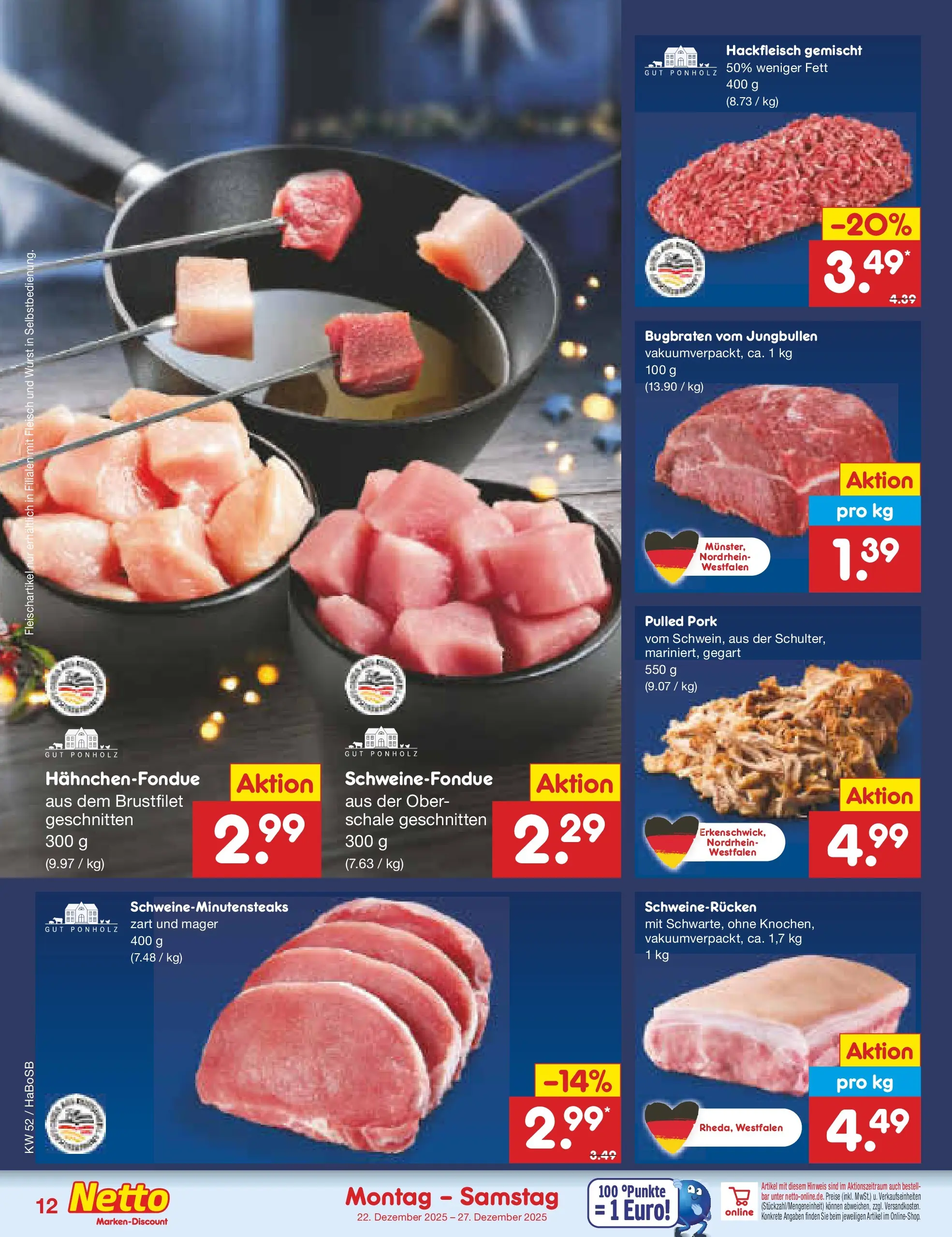 Netto Marken-Discount prospekt Stadtlohn	 (ab 22.12.2025) » Angebote | Seite: 12 | Produkte: Wurst, Schweinerucken, Fleisch, Hackfleisch