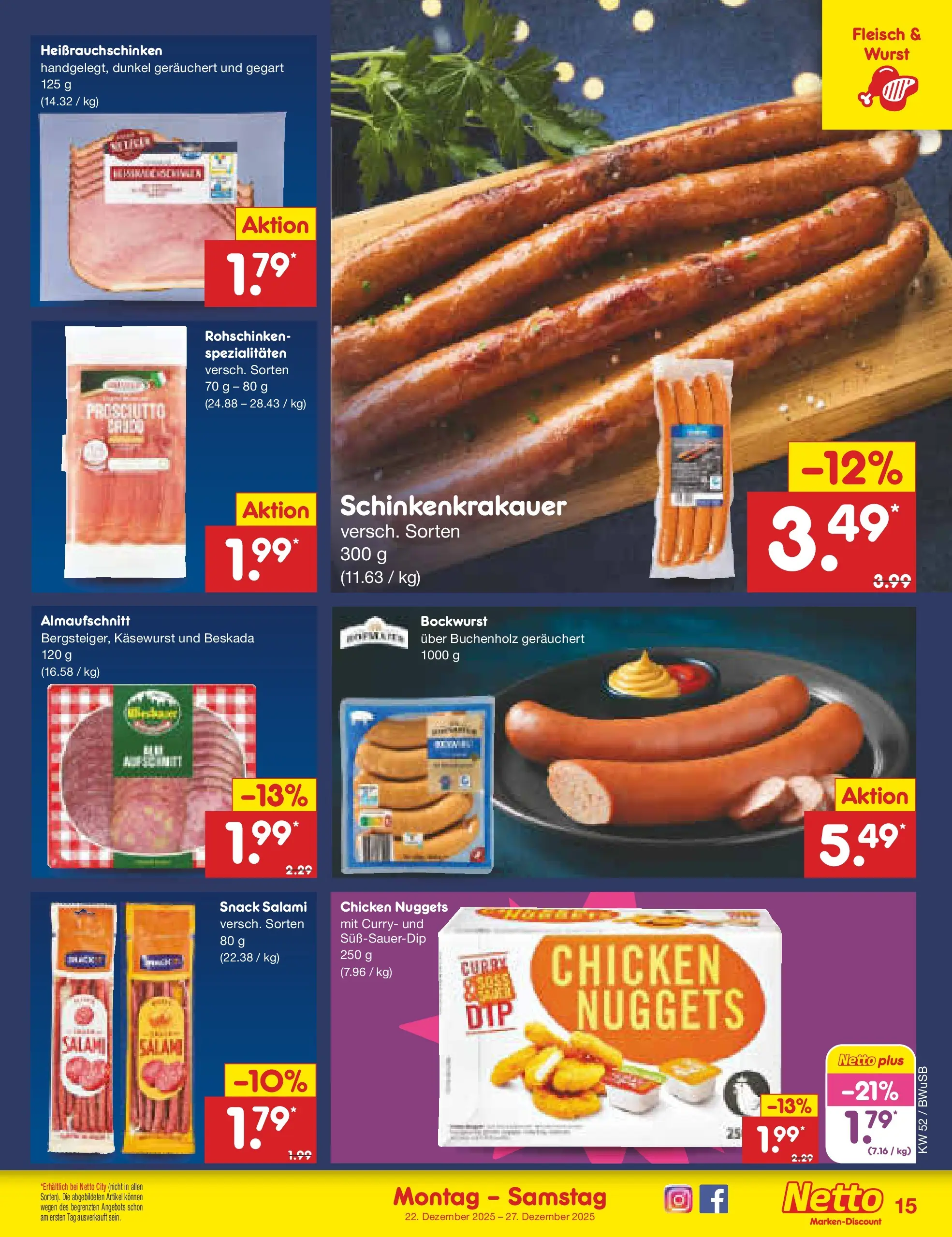 Netto Marken-Discount prospekt Stemwede-Dielingen	 (ab 21.12.2025) » Angebote | Seite: 15 | Produkte: Bockwurst, Wurst, Salami, Fleisch
