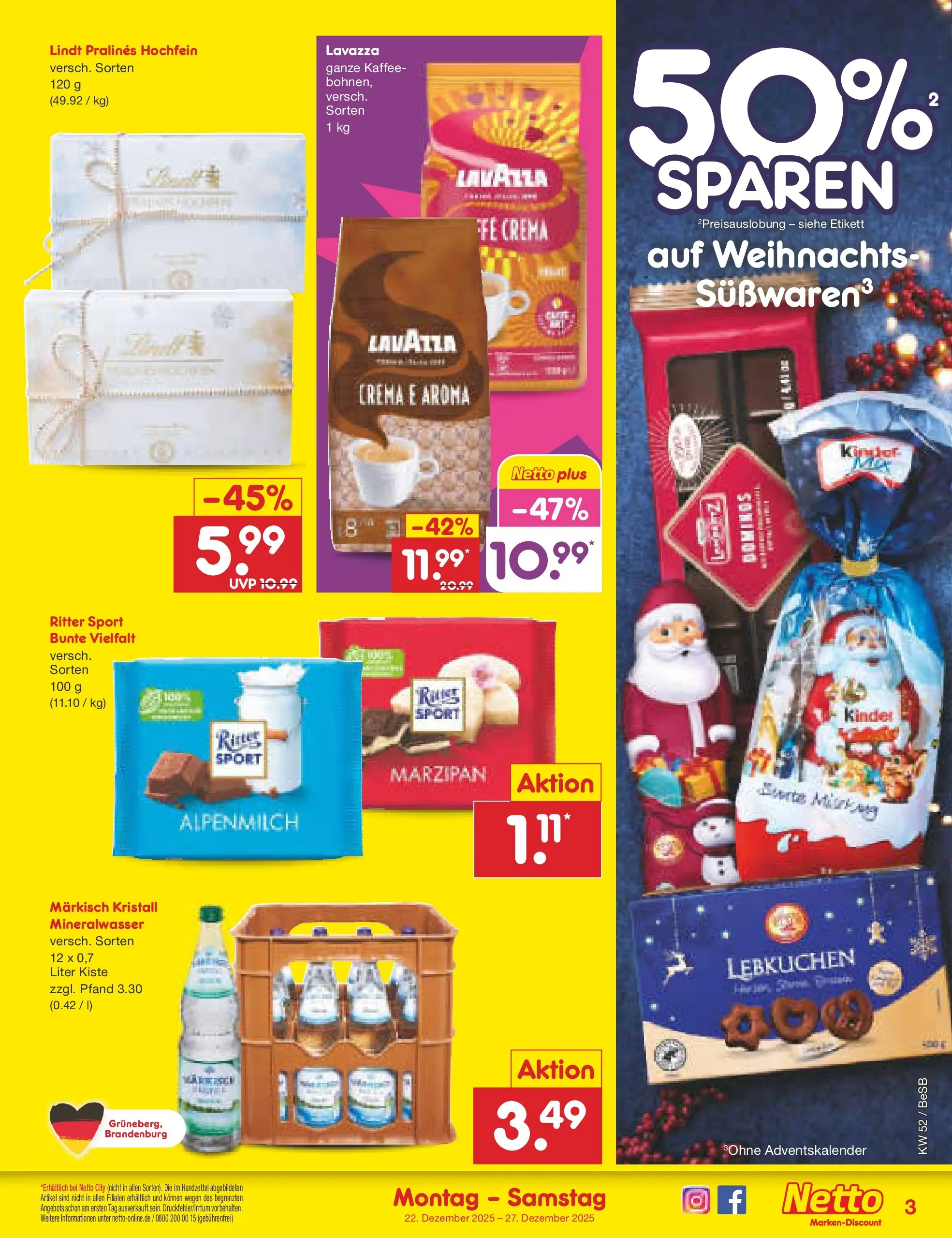 Netto Marken-Discount prospekt Kremmen	 (ab 22.12.2025) » Angebote | Seite: 3 | Produkte: Lavazza, Ritter sport, Mineralwasser, Lindt