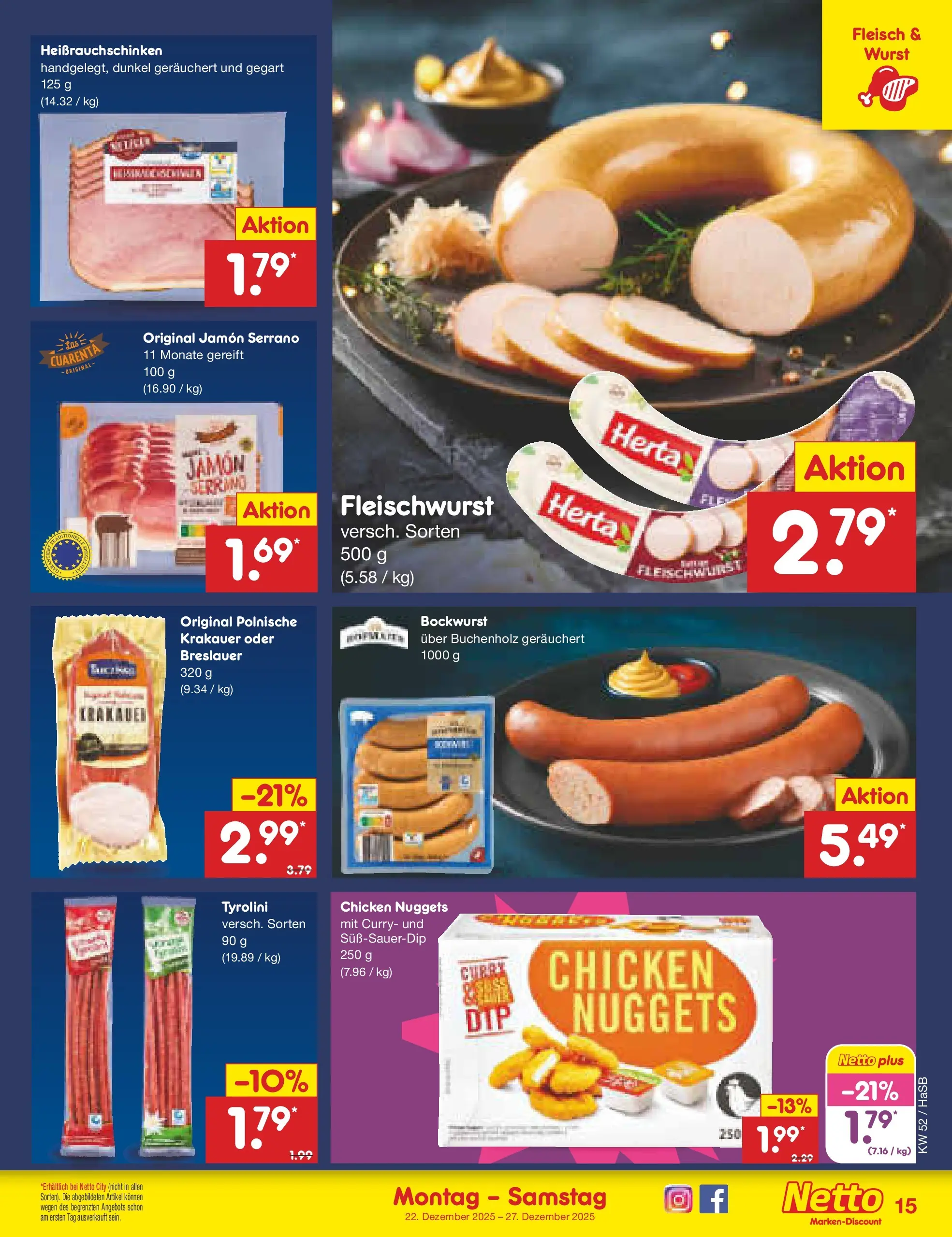 Netto Marken-Discount prospekt Wuppertal	 (ab 22.12.2025) » Angebote | Seite: 15 | Produkte: Bockwurst, Wurst, Fleisch