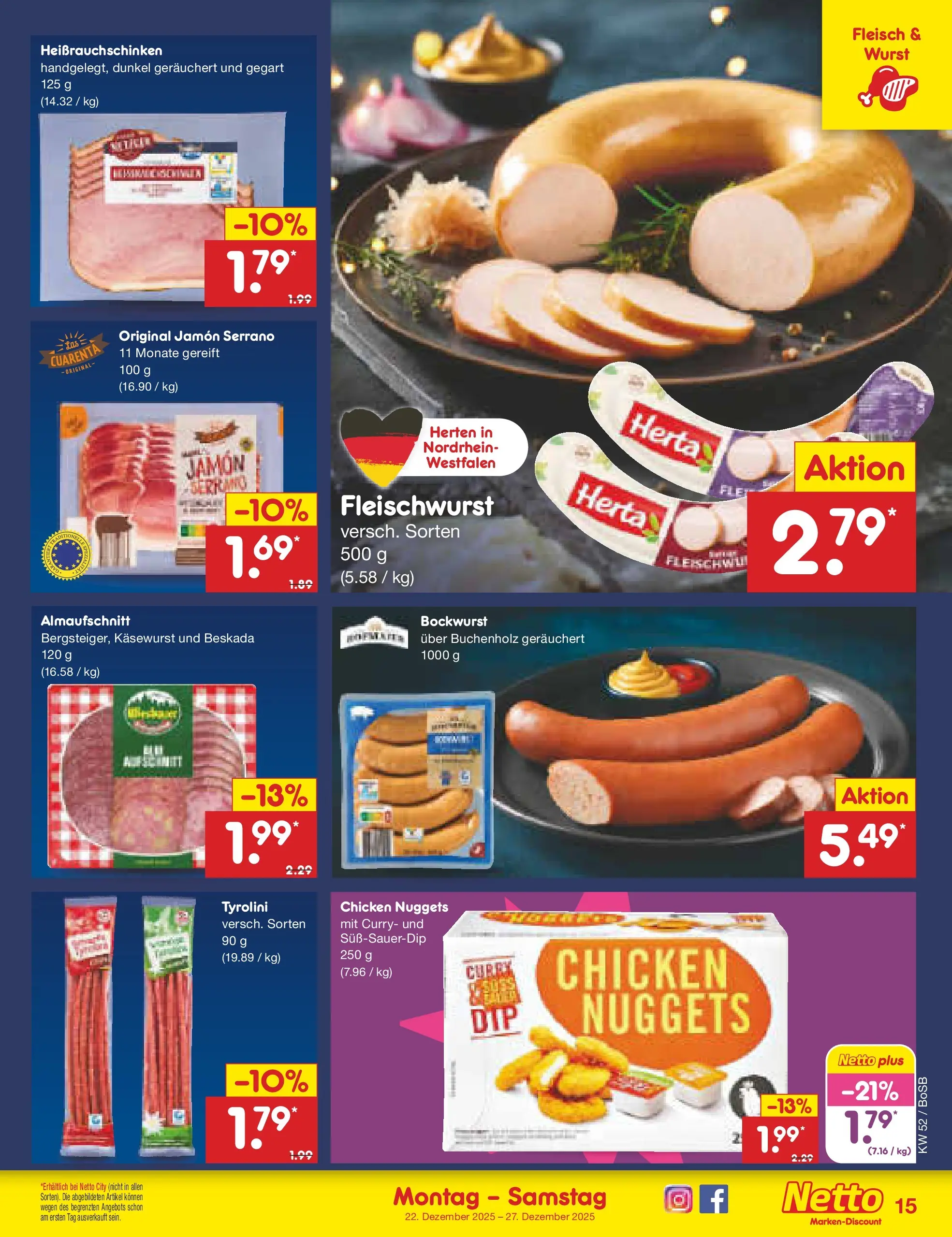 Netto Marken-Discount prospekt Stadtlohn	 (ab 22.12.2025) » Angebote | Seite: 15 | Produkte: Bockwurst, Wurst, Fleisch