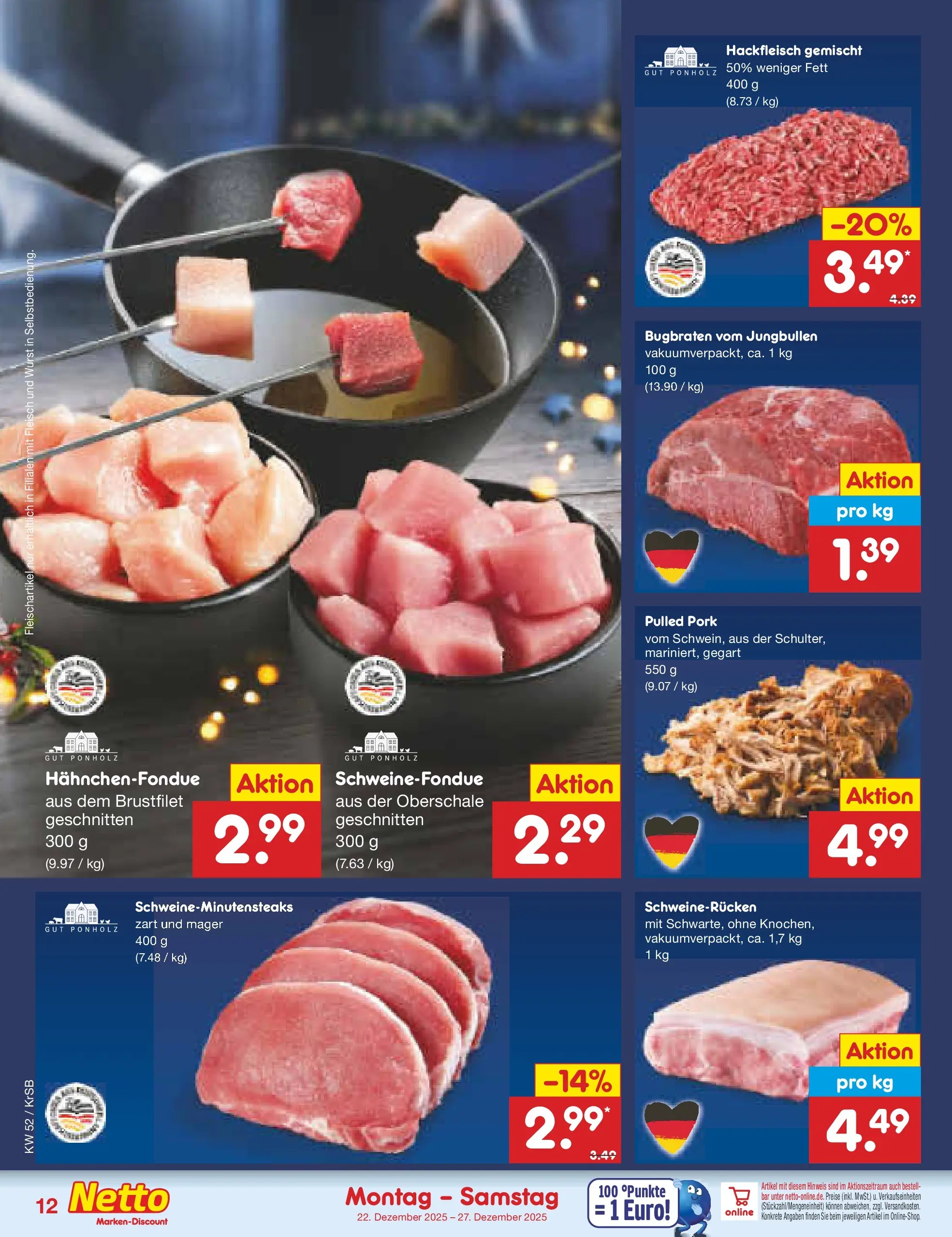 Netto Marken-Discount prospekt Jüchen	 (ab 22.12.2025) » Angebote | Seite: 12 | Produkte: Wurst, Schweinerucken, Fleisch, Hackfleisch