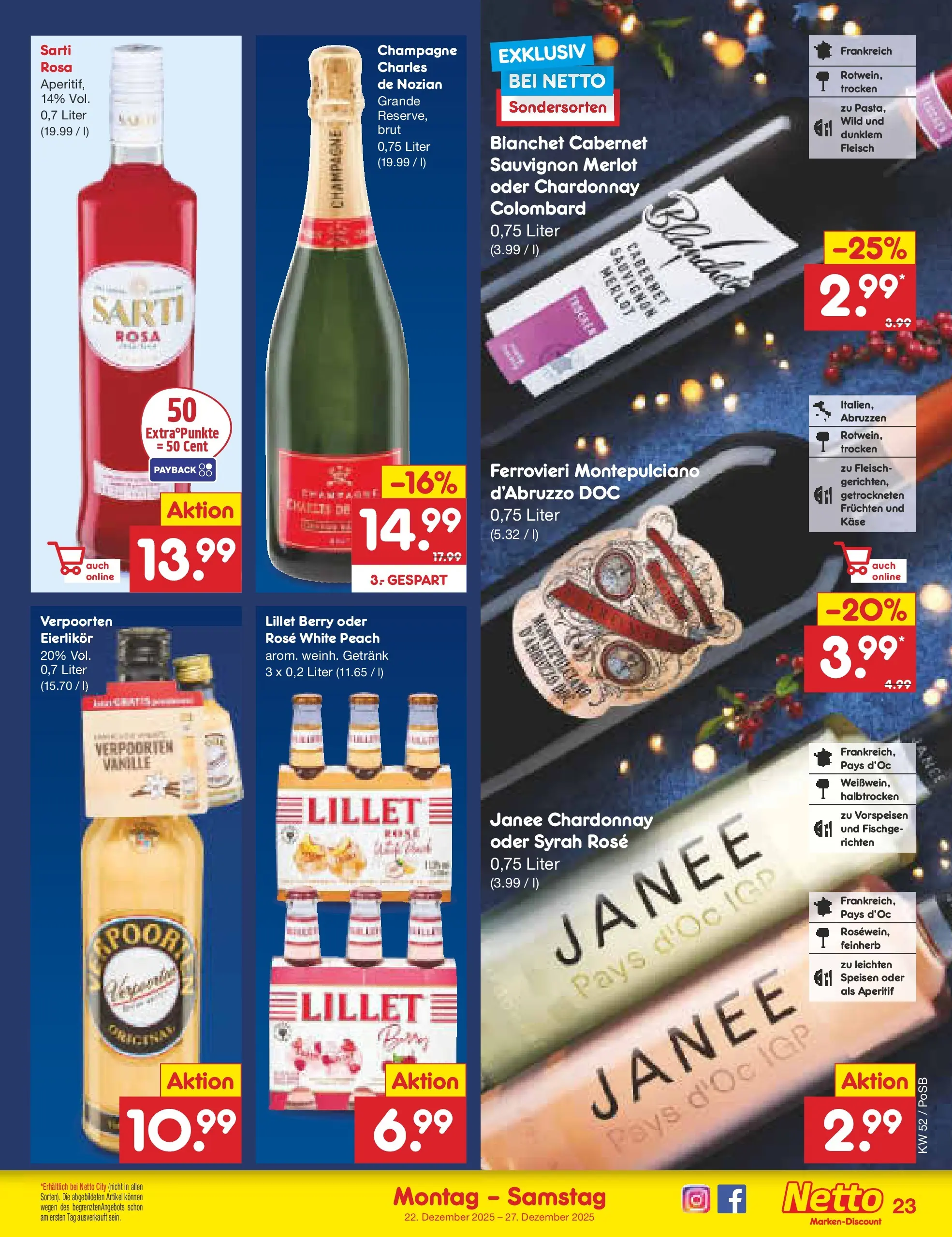 Netto Marken-Discount prospekt Regensburg	 (ab 22.12.2025) » Angebote | Seite: 23 | Produkte: Käse, Merlot, Lillet, Fleisch