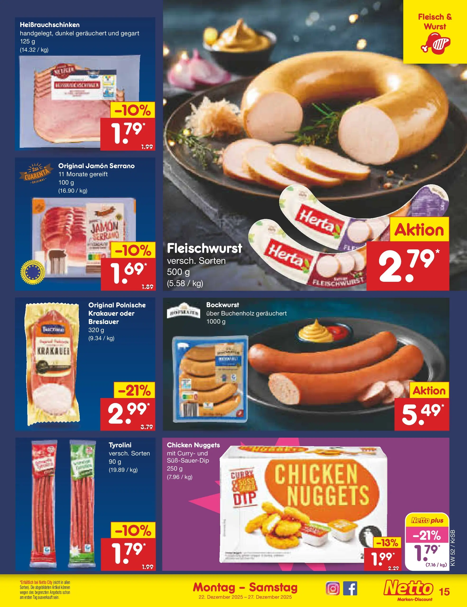 Netto Marken-Discount prospekt Jüchen	 (ab 22.12.2025) » Angebote | Seite: 15 | Produkte: Bockwurst, Wurst, Fleisch