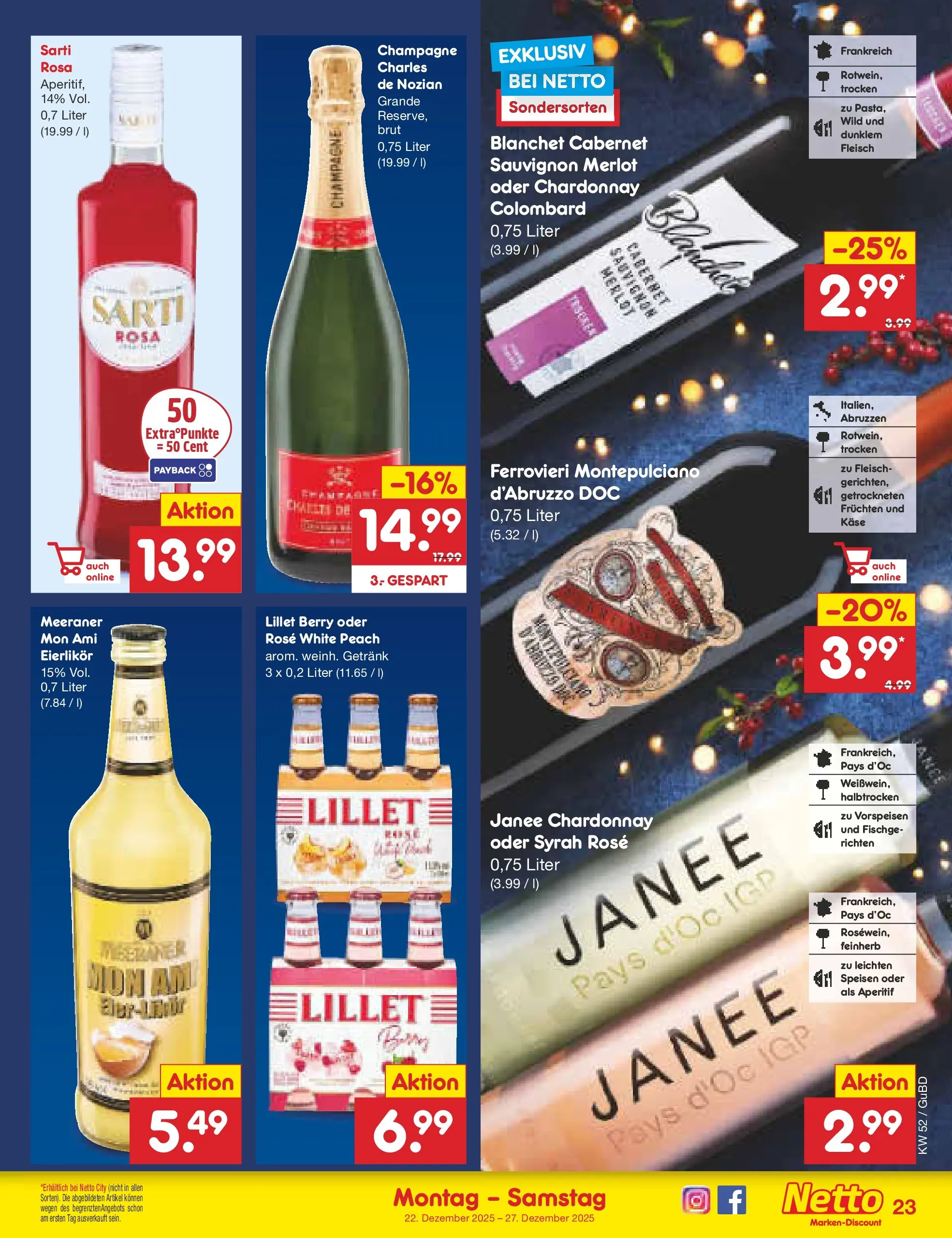 Netto Marken-Discount prospekt Augustusburg	 (ab 22.12.2025) » Angebote | Seite: 23 | Produkte: Käse, Merlot, Lillet, Fleisch