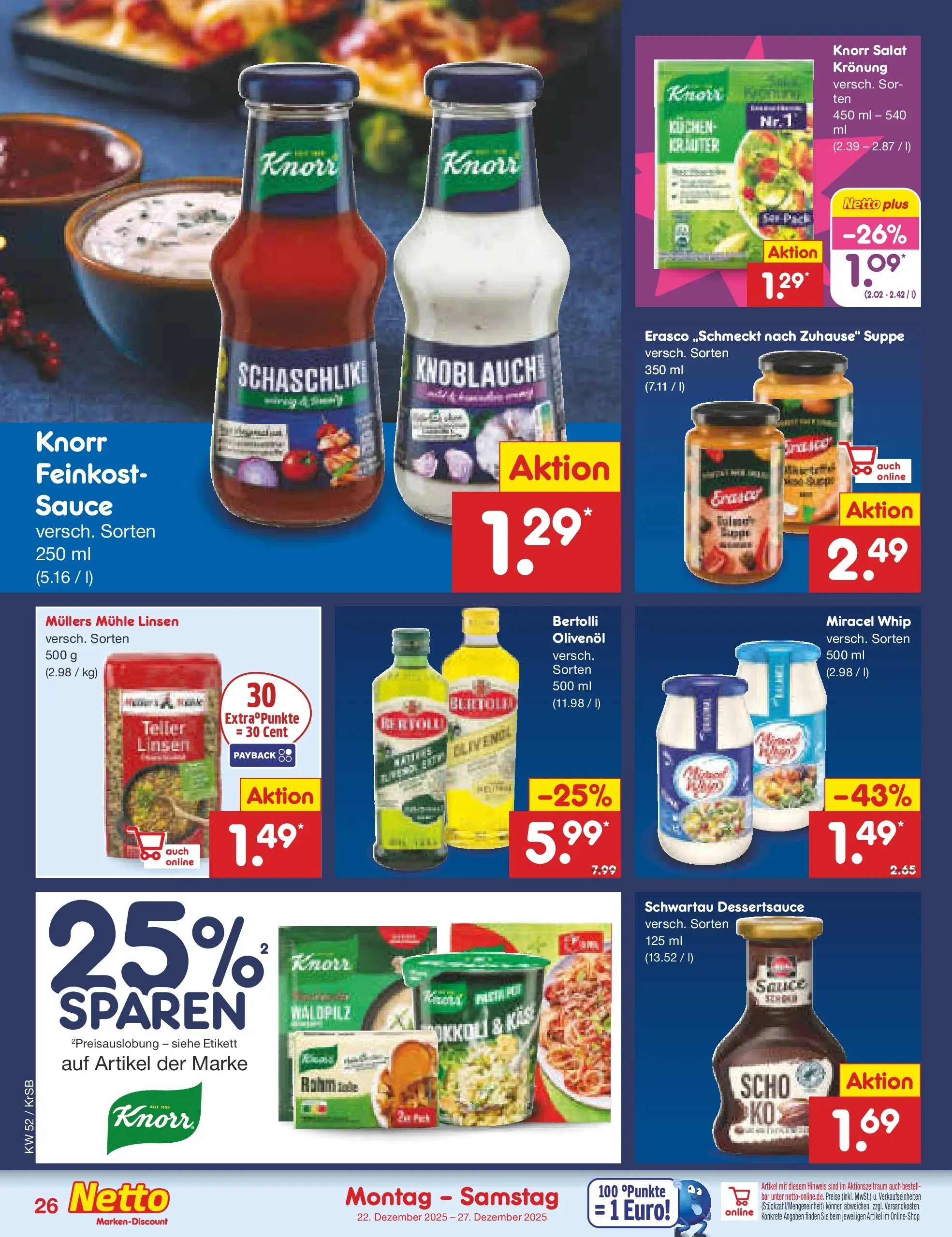 Netto Marken-Discount prospekt Jüchen	 (ab 22.12.2025) » Angebote | Seite: 26 | Produkte: Olivenol, Knorr, Miracel whip, Erasco