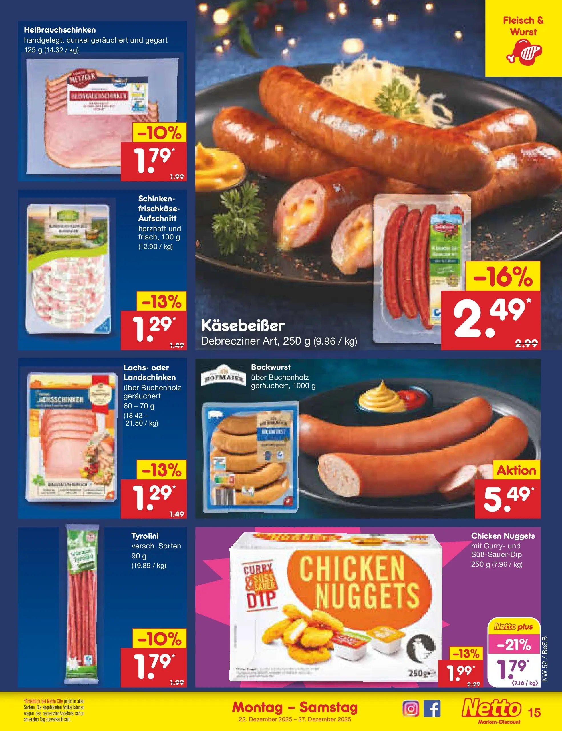 Netto Marken-Discount prospekt Kremmen	 (ab 22.12.2025) » Angebote | Seite: 15 | Produkte: Bockwurst, Wurst, Schinken, Frischkase