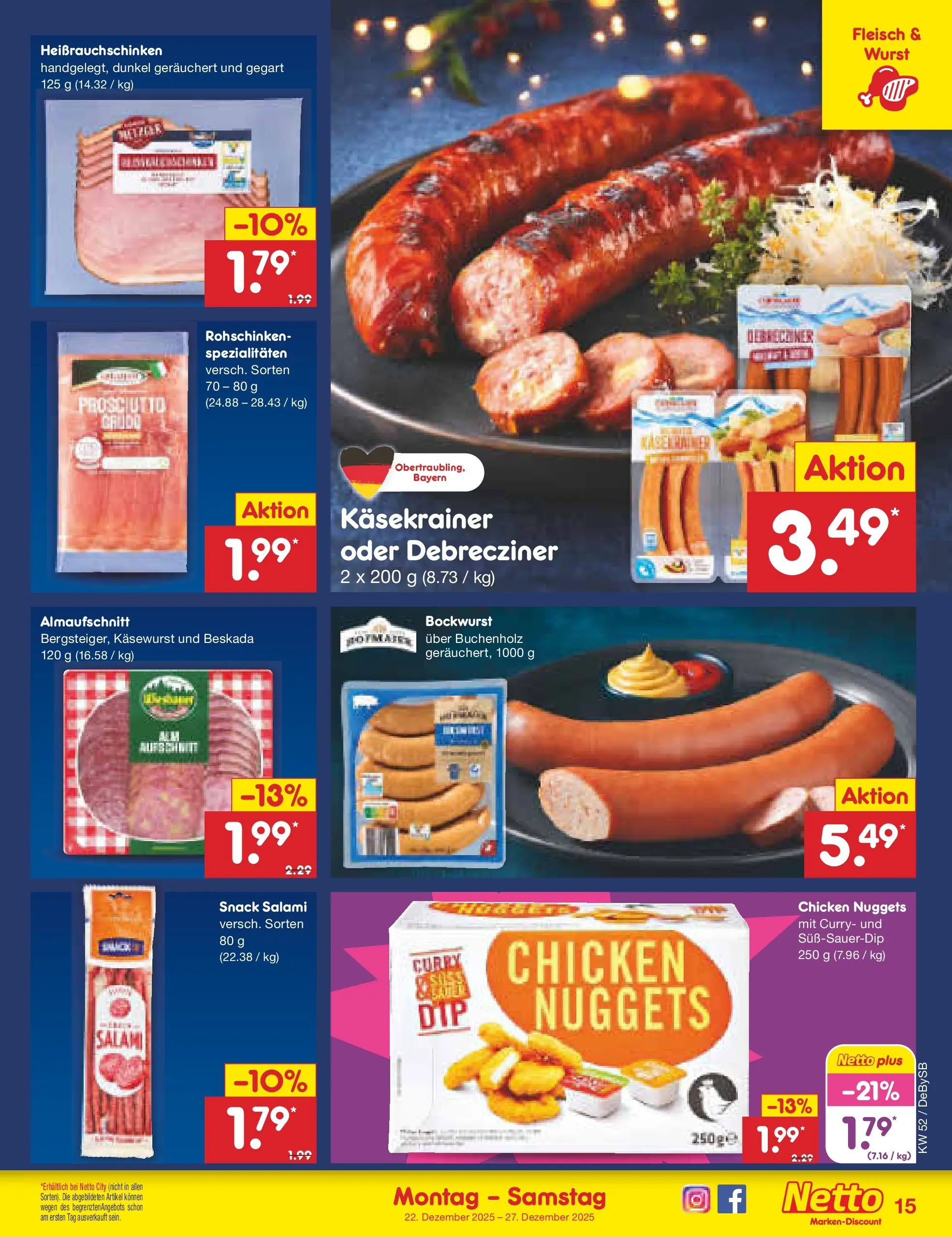 Netto Marken-Discount prospekt Thierhaupten	 (ab 22.12.2025) » Angebote | Seite: 15 | Produkte: Käsekrainer, Wurst, Salami, Fleisch