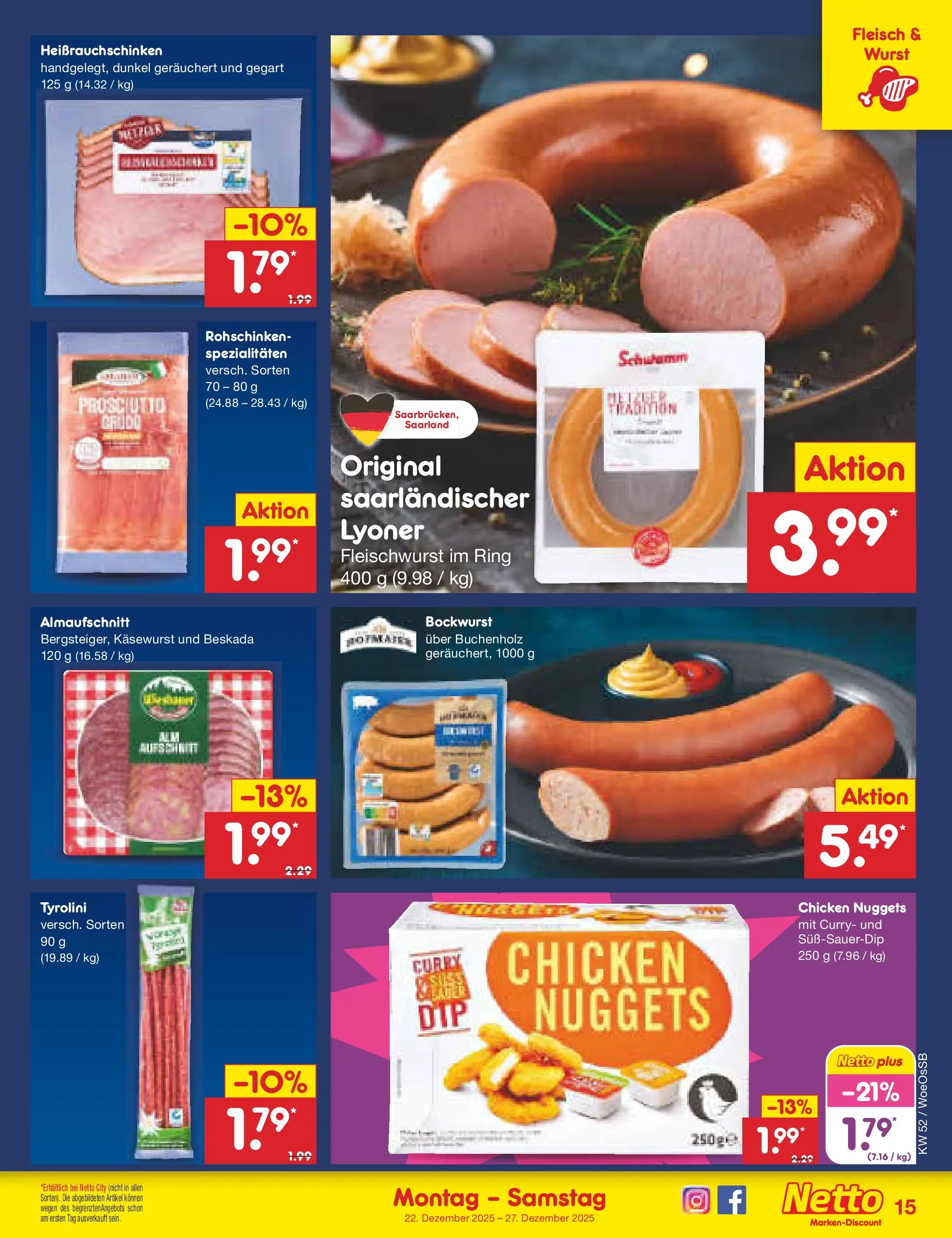 Netto Marken-Discount prospekt Gemmingen	 (ab 22.12.2025) » Angebote | Seite: 15 | Produkte: Bockwurst, Wurst, Fleisch