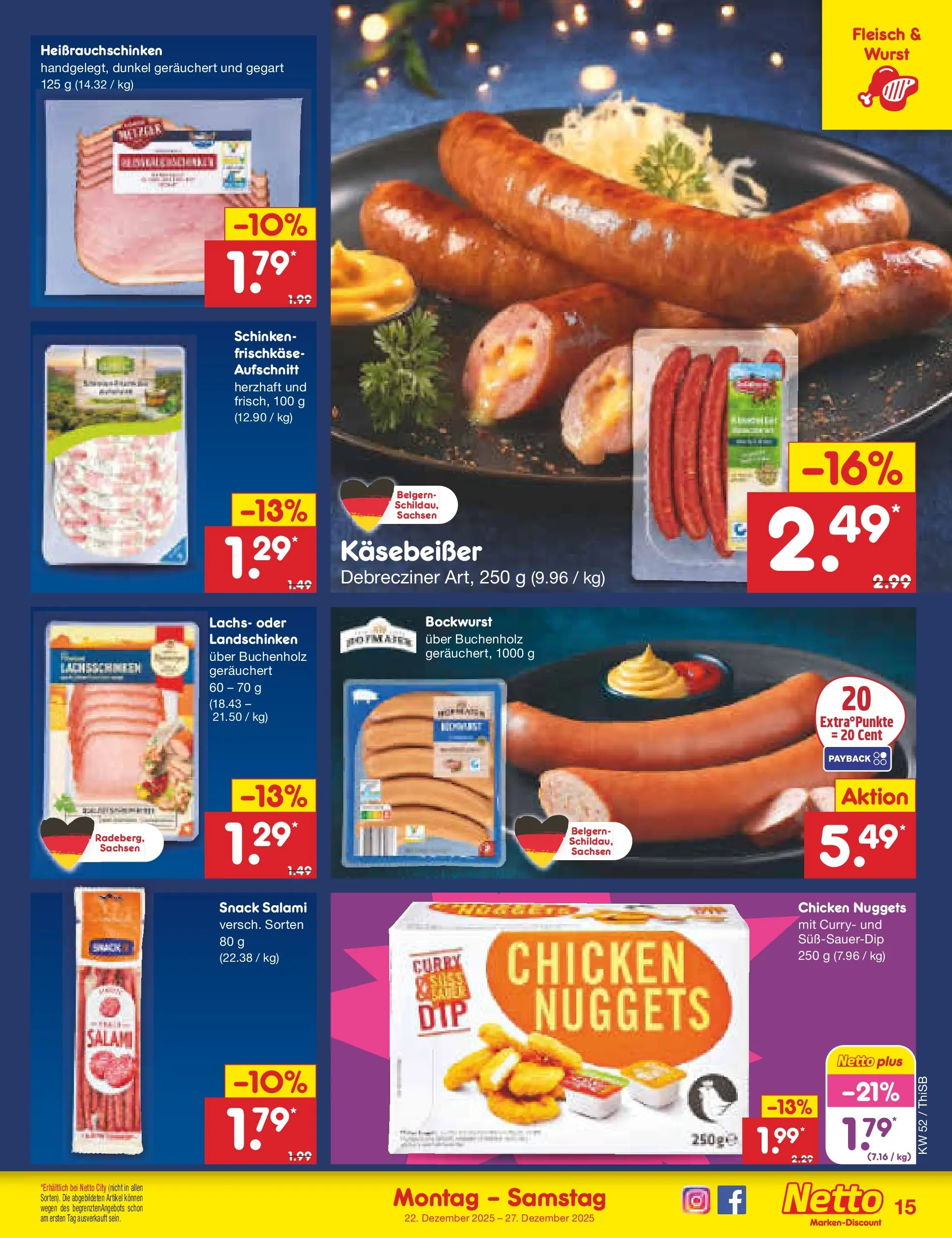 Netto Marken-Discount prospekt Pirna	 (ab 22.12.2025) » Angebote | Seite: 15 | Produkte: Bockwurst, Lachs, Schinken, Fleisch