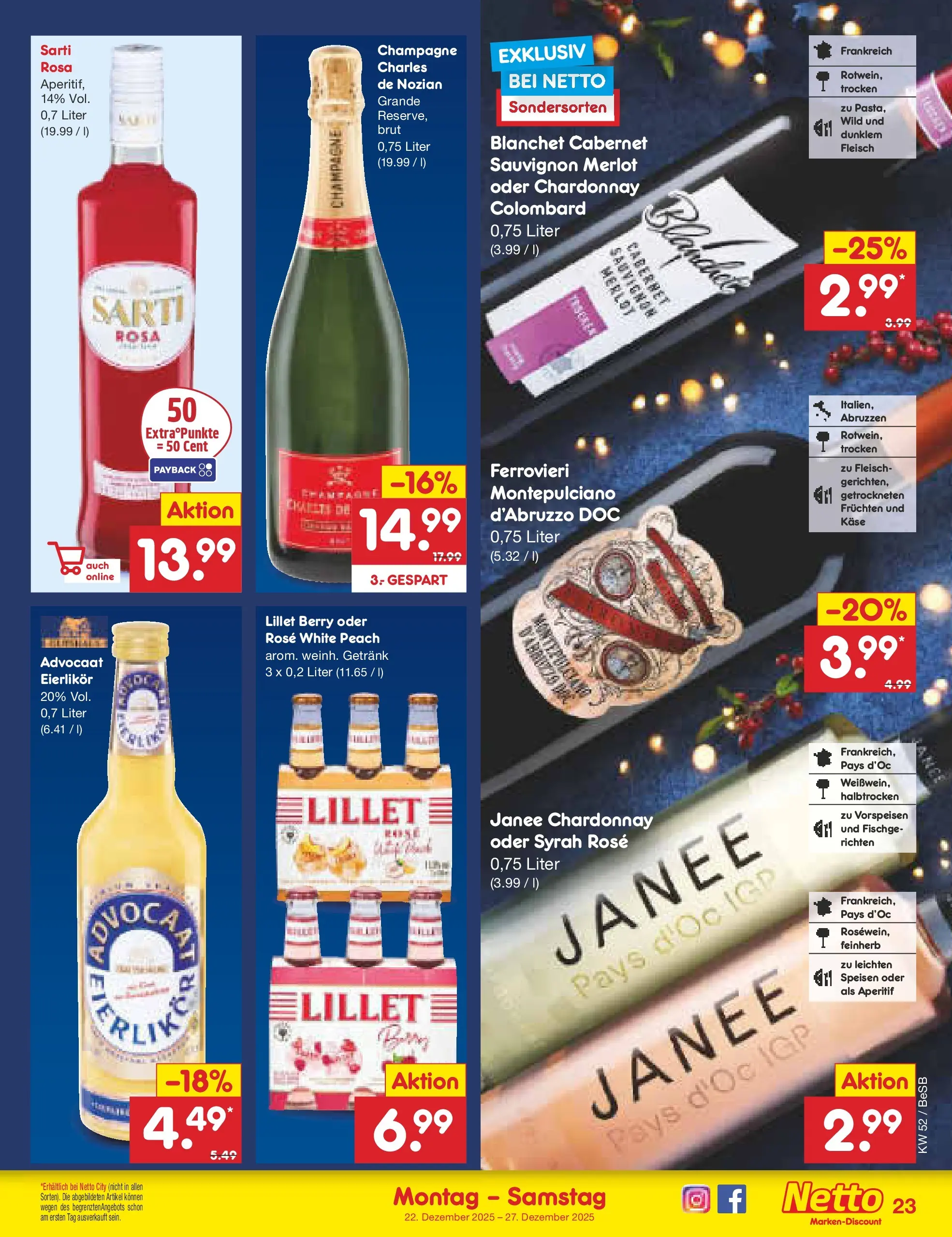 Netto Marken-Discount prospekt Kremmen	 (ab 22.12.2025) » Angebote | Seite: 23 | Produkte: Käse, Merlot, Lillet, Fleisch