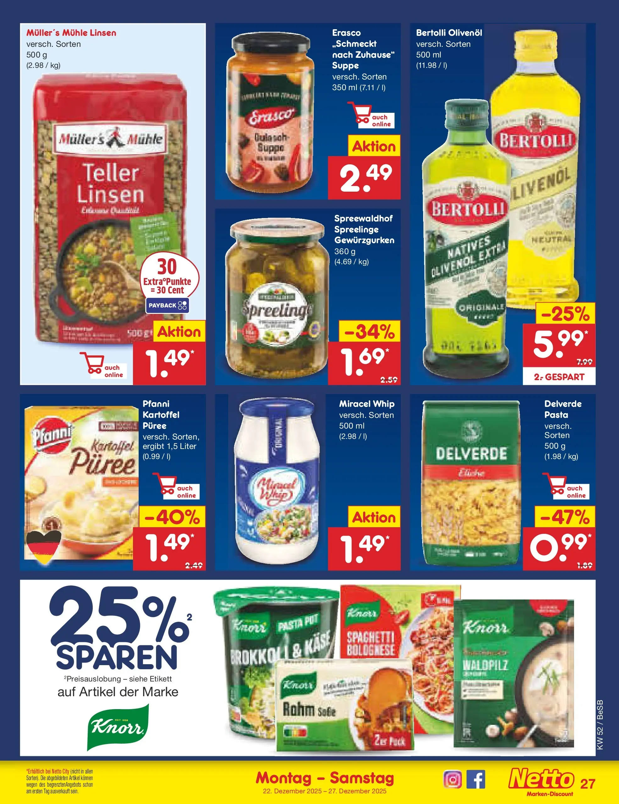 Netto Marken-Discount prospekt Kremmen	 (ab 22.12.2025) » Angebote | Seite: 27 | Produkte: Käse, Bertolli olivenol, Miracel whip, Erasco