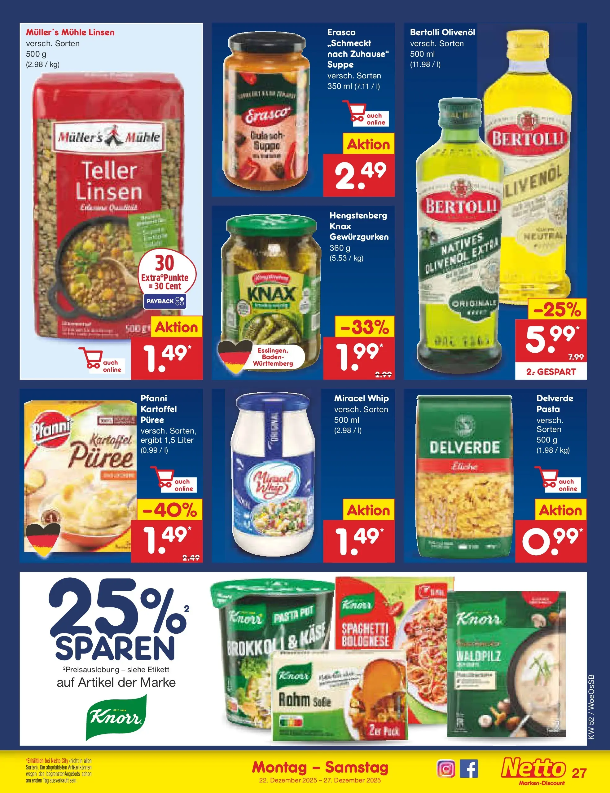Netto Marken-Discount prospekt Gemmingen	 (ab 22.12.2025) » Angebote | Seite: 27 | Produkte: Bertolli olivenol, Miracel whip, Pasta, Erasco