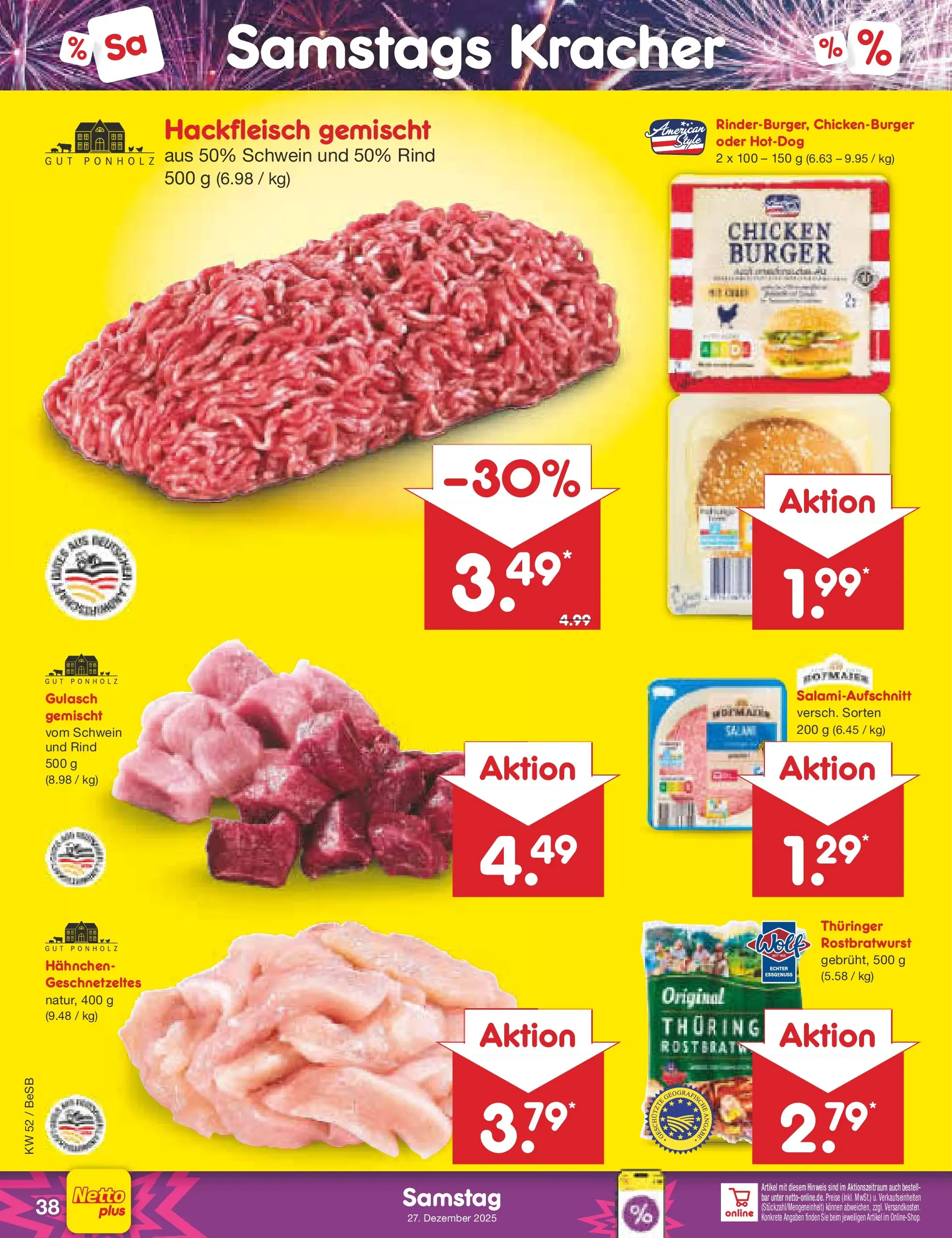 Netto Marken-Discount prospekt Kremmen	 (ab 22.12.2025) » Angebote | Seite: 42 | Produkte: Hahnchen, Burger, Gulasch, Hackfleisch