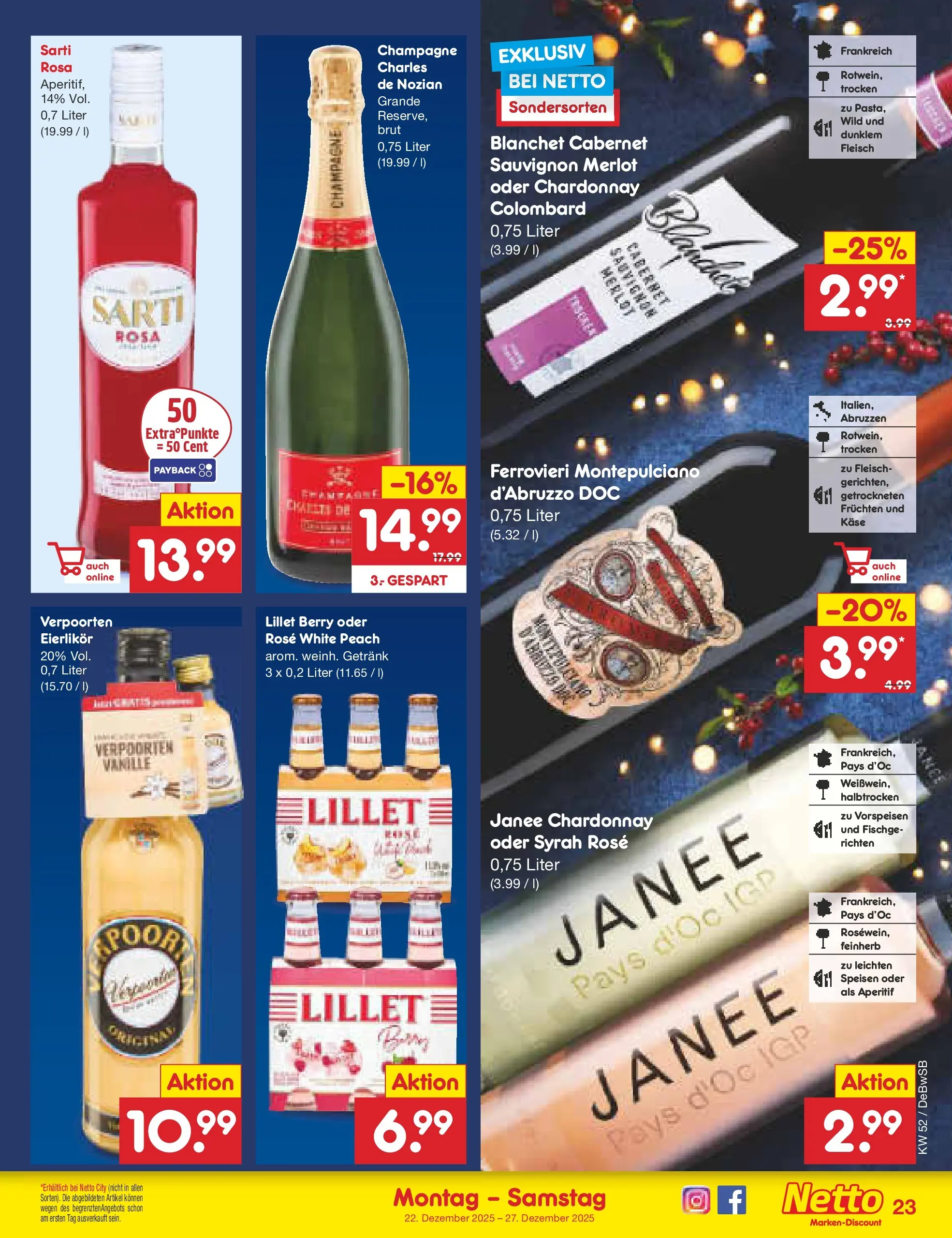 Netto Marken-Discount prospekt Waiblingen-Bittenfeld (ab 22.12.2025) » Angebote | Seite: 23 | Produkte: Käse, Merlot, Lillet, Fleisch Netto Marken-Discount prospekt Waiblingen-Bittenfeld (ab 22.12.2025) » Angebote | Seite: 23 | Produkte: Käse, Merlot, Lillet, Fleisch