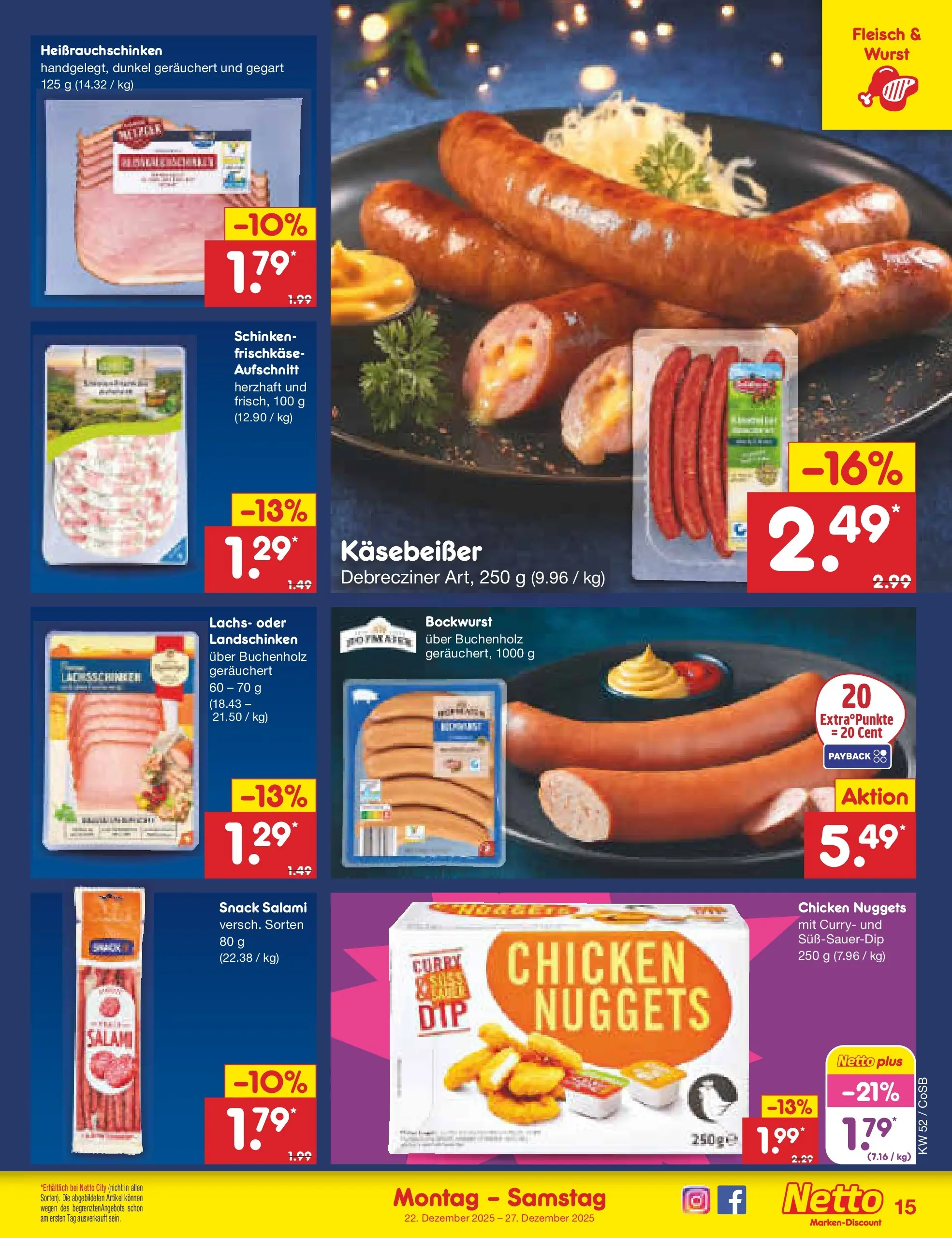 Netto Marken-Discount prospekt Bitterfeld-Wolfen	 (ab 22.12.2025) » Angebote | Seite: 15 | Produkte: Bockwurst, Lachs, Wurst, Frischkase
