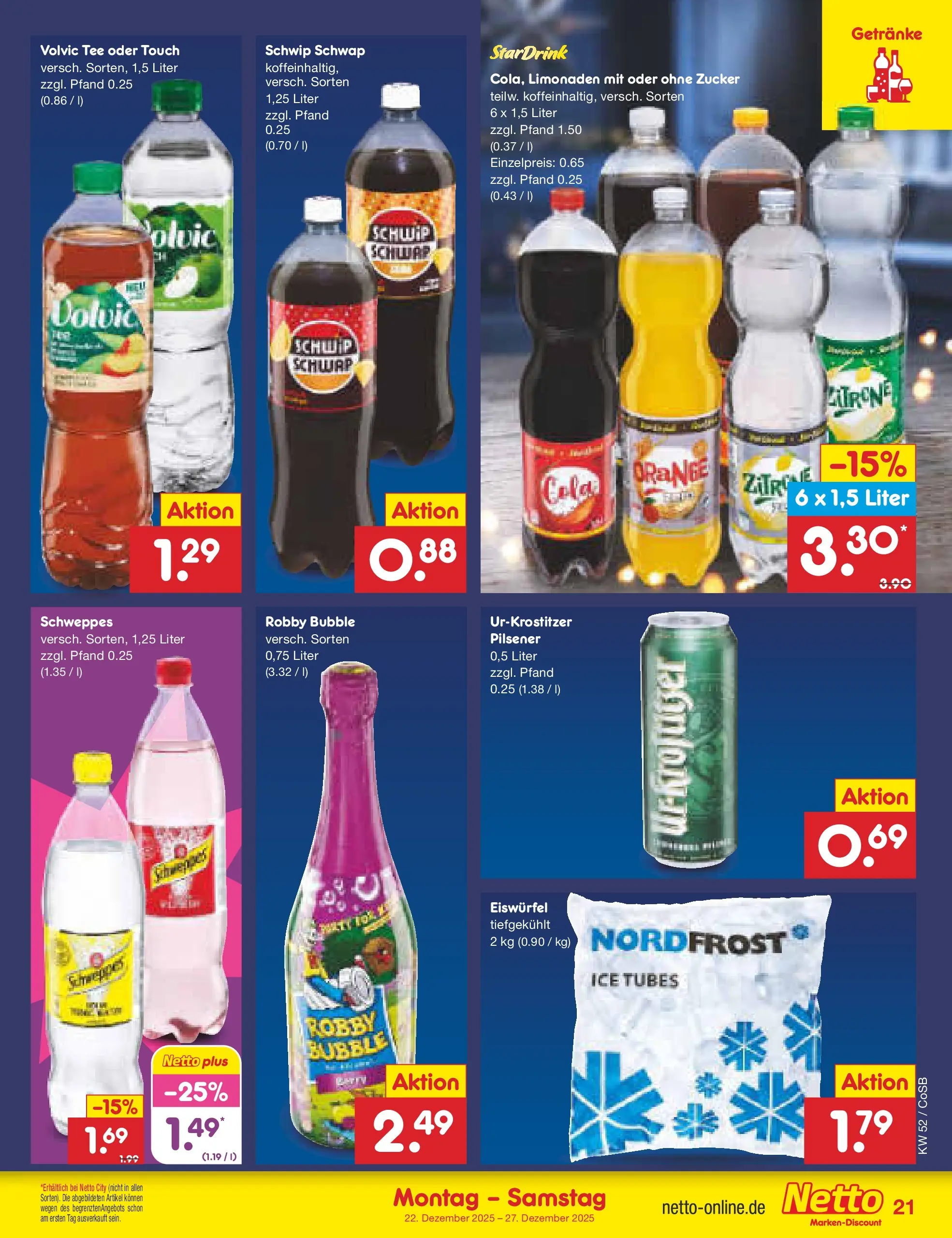 Netto Marken-Discount prospekt Bitterfeld-Wolfen	 (ab 22.12.2025) » Angebote | Seite: 21 | Produkte: Cola, Schwip schwap, Zucker, Volvic