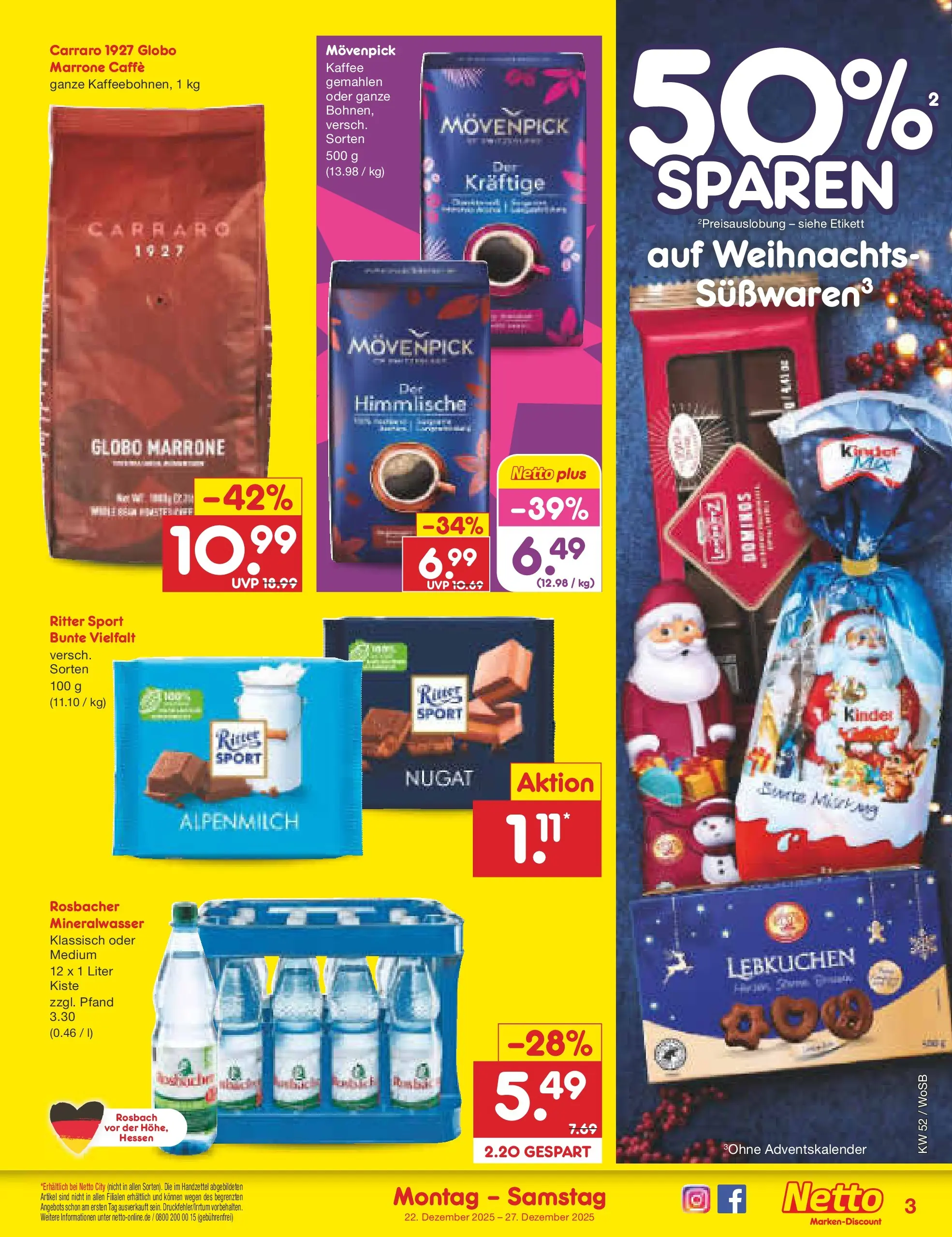 Netto Marken-Discount prospekt Mannheim	 (ab 22.12.2025) » Angebote | Seite: 3 | Produkte: Kaffee, Ritter sport, Mineralwasser