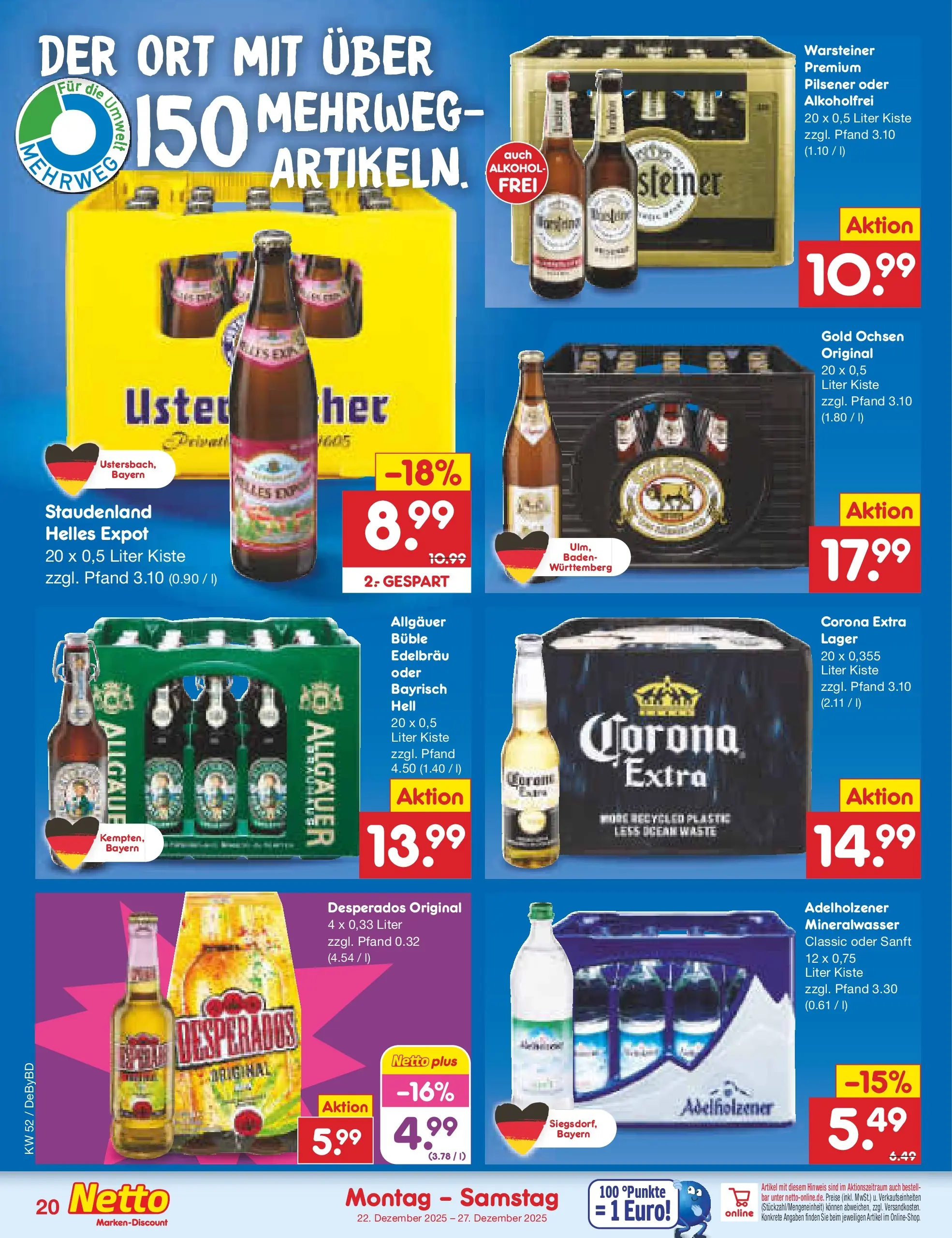 Netto Marken-Discount prospekt Buttenwiesen	 (ab 22.12.2025) » Angebote | Seite: 20 | Produkte: Adelholzener, Mineralwasser, Warsteiner, Desperados