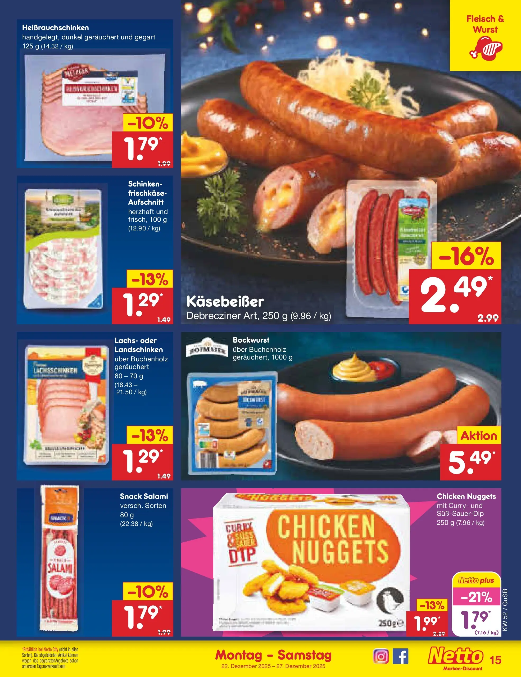 Netto Marken-Discount prospekt Machern	 (ab 22.12.2025) » Angebote | Seite: 15 | Produkte: Bockwurst, Salami, Schinken, Frischkase