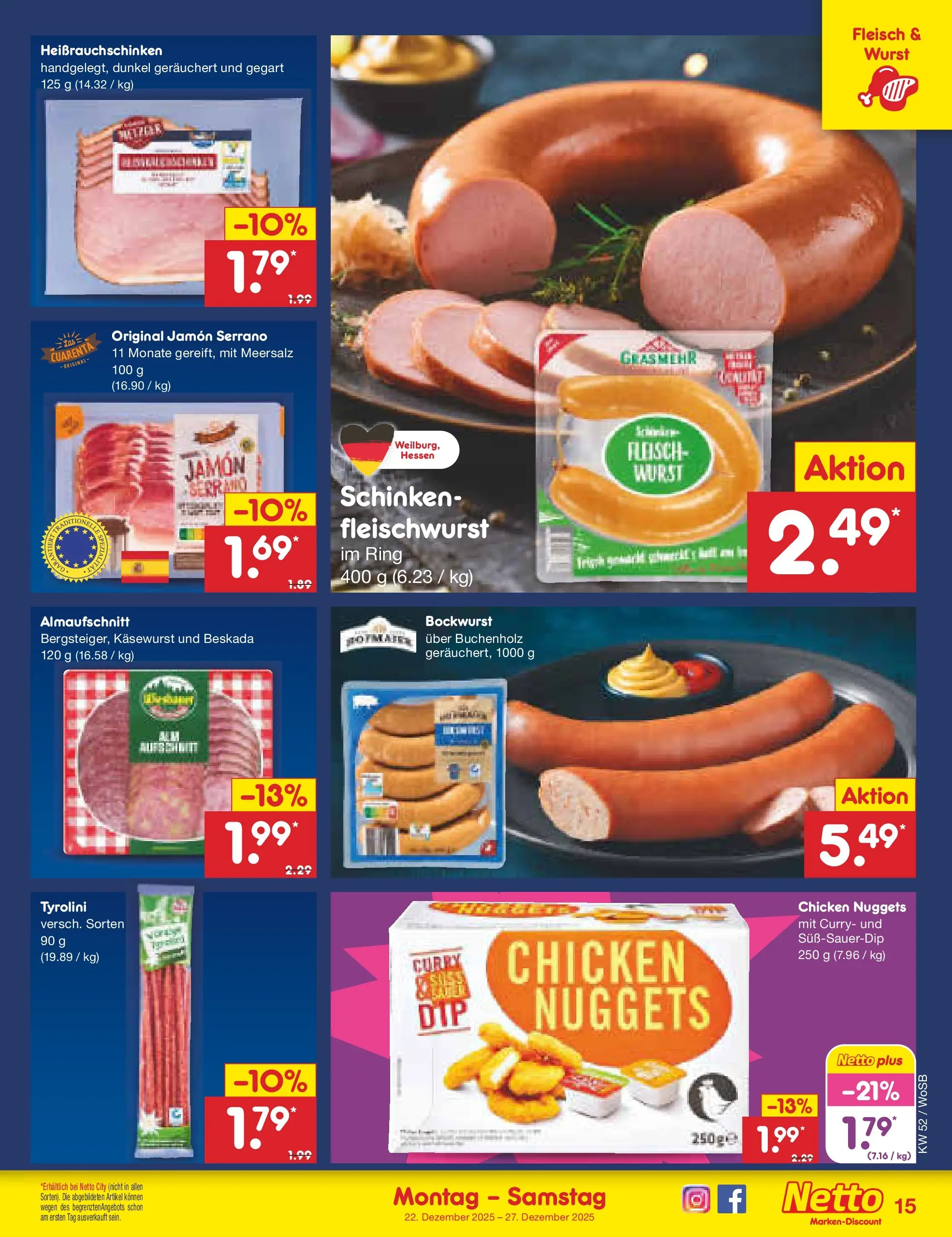 Netto Marken-Discount prospekt Mannheim	 (ab 22.12.2025) » Angebote | Seite: 15 | Produkte: Bockwurst, Wurst, Schinken, Fleisch