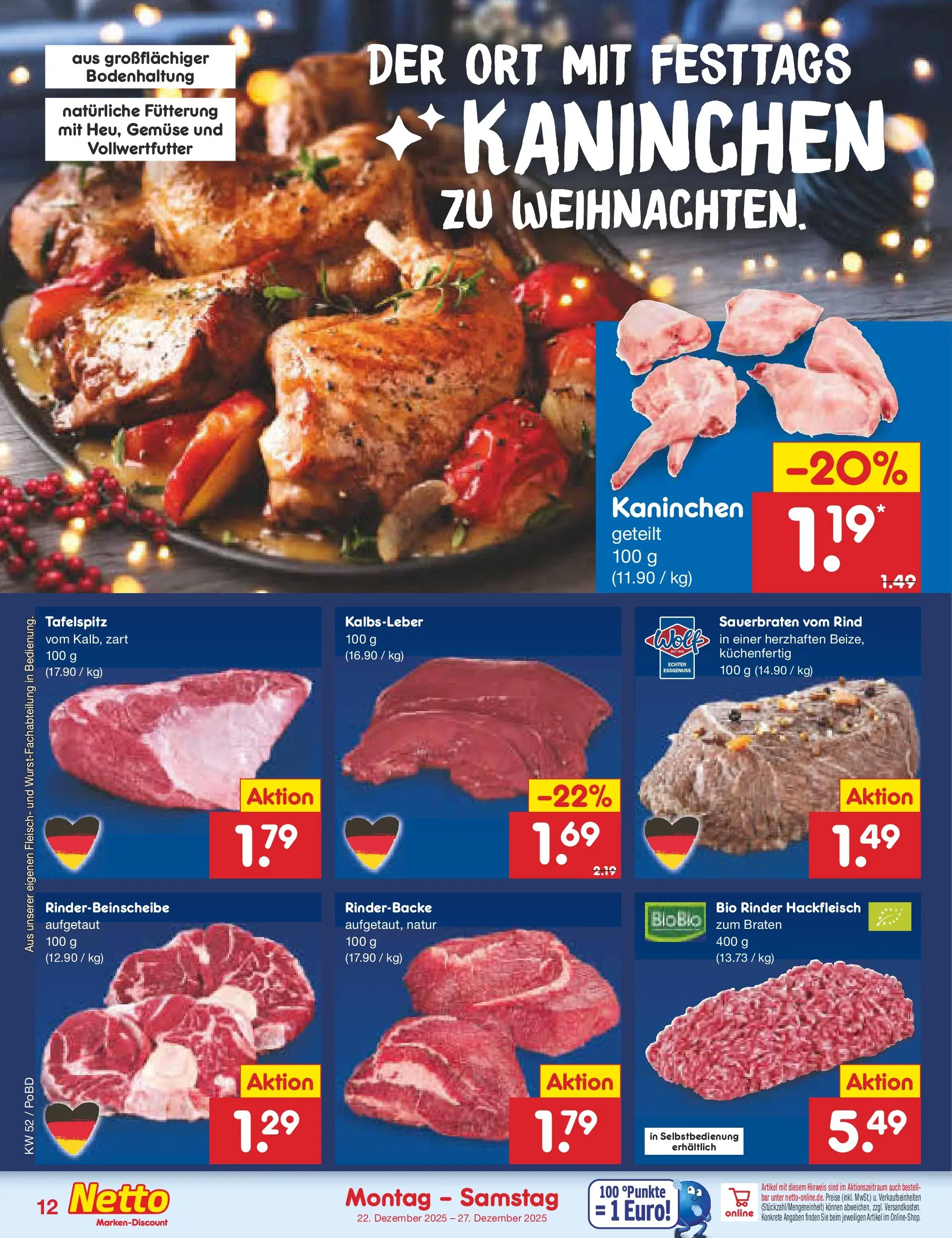 Netto Marken-Discount prospekt Selb	 (ab 22.12.2025) » Angebote | Seite: 12 | Produkte: Tafelspitz, Kaninchen, Gemüse, Hackfleisch