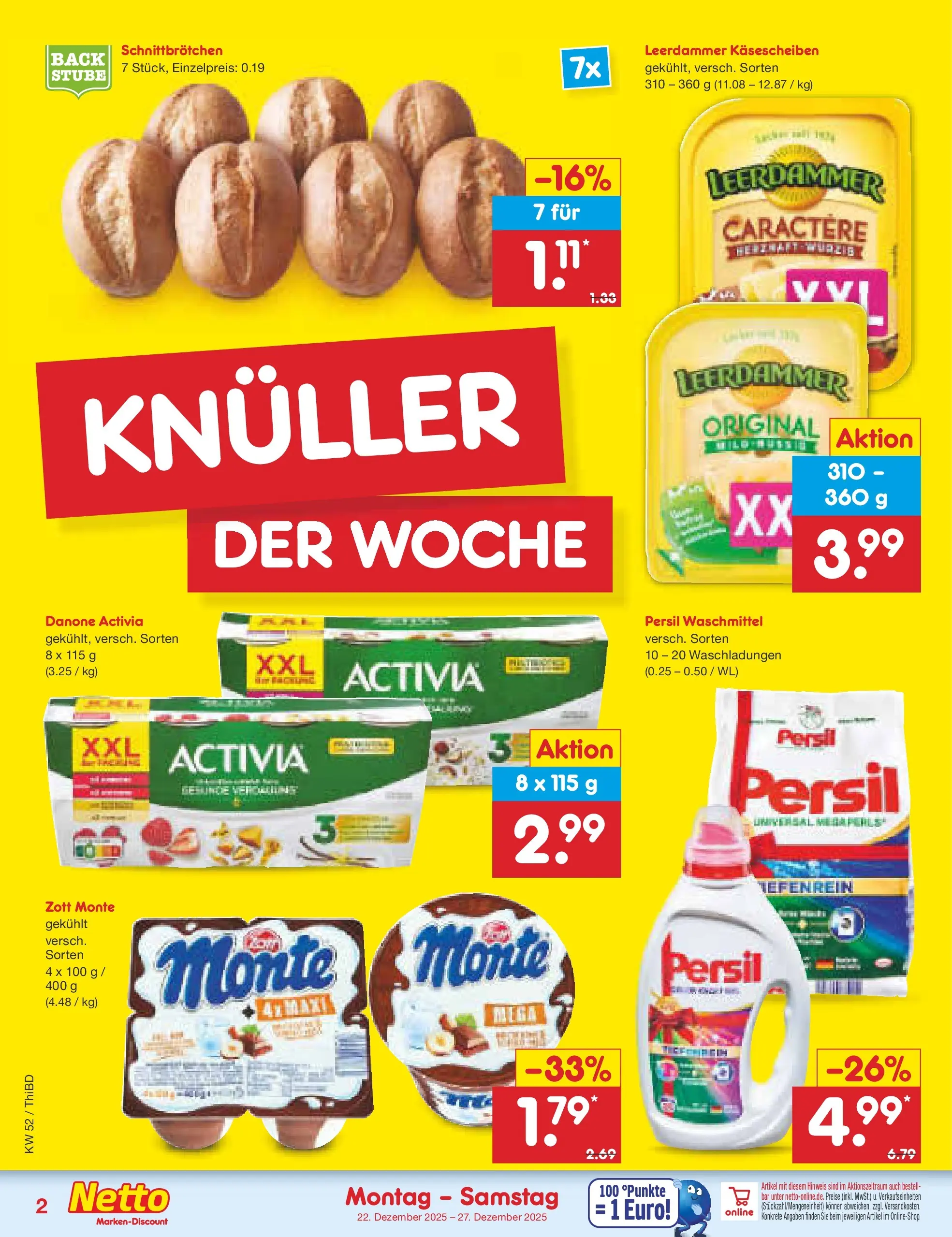 Netto Marken-Discount prospekt Thiendorf	 (ab 22.12.2025) » Angebote | Seite: 2 | Produkte: Danone activia, Leerdammer, Waschmittel, Persil