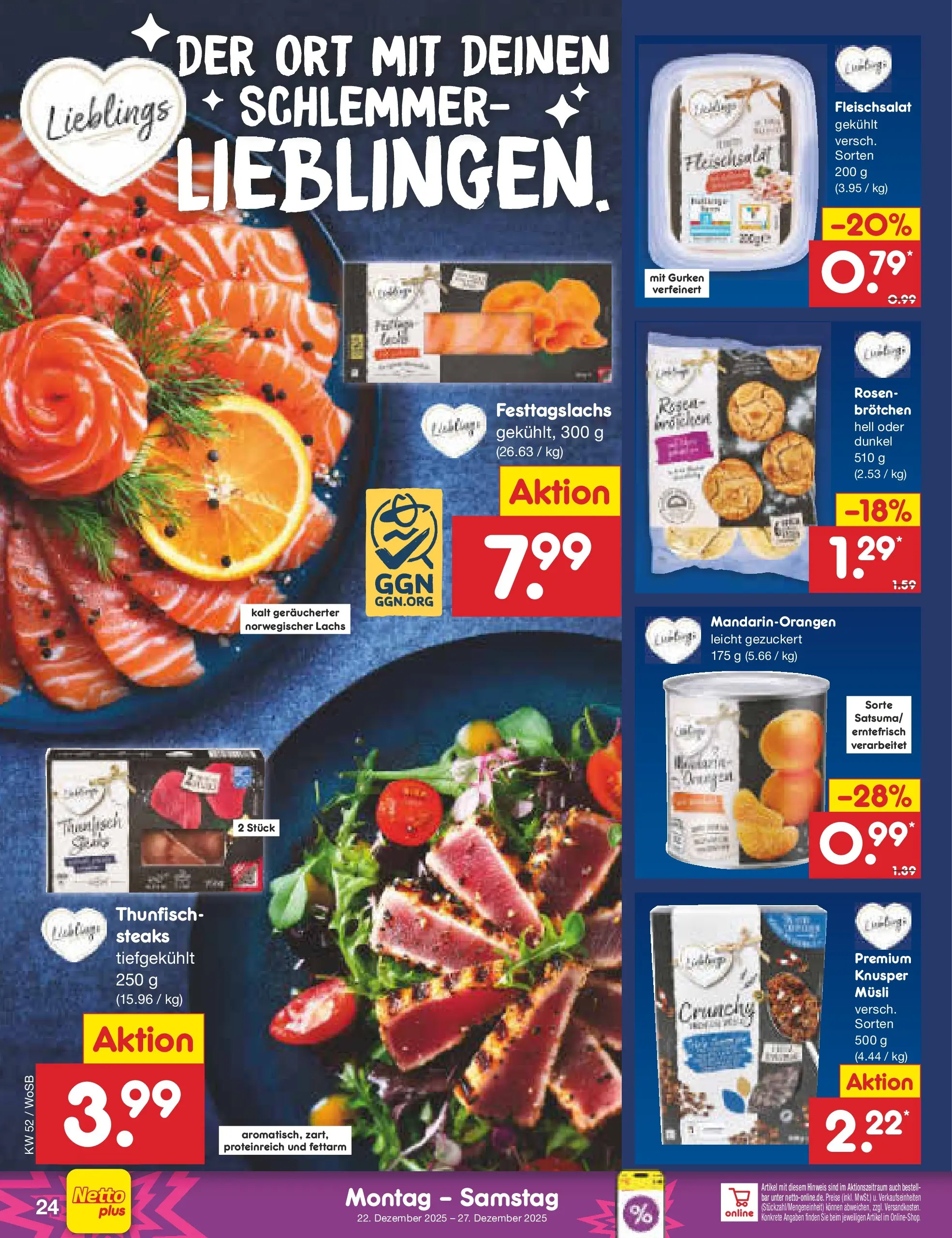 Netto Marken-Discount prospekt Mannheim	 (ab 22.12.2025) » Angebote | Seite: 24 | Produkte: Musli, Thunfisch, Lachs, Gurken