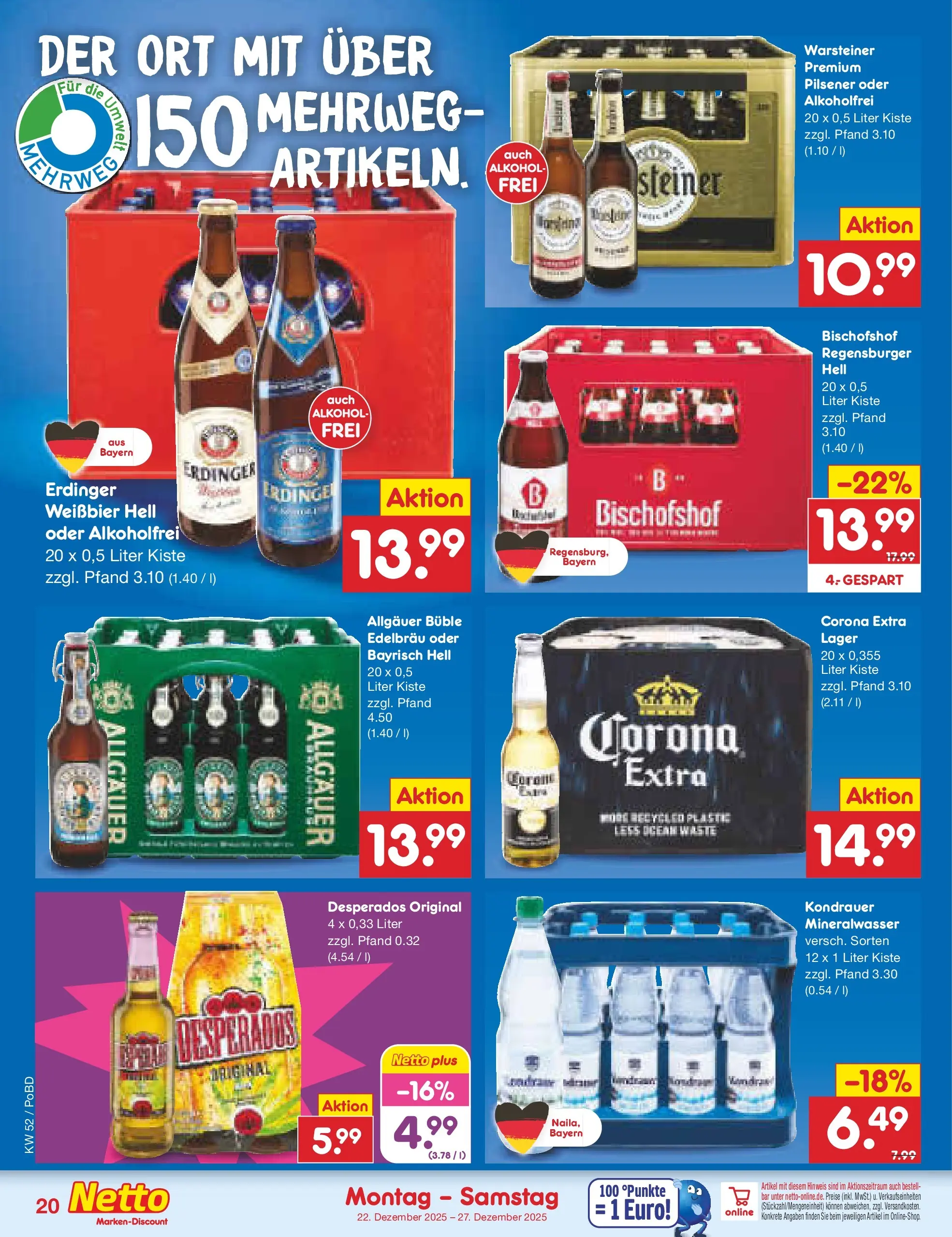 Netto Marken-Discount prospekt Selb	 (ab 22.12.2025) » Angebote | Seite: 20 | Produkte: Weißbier, Mineralwasser, Warsteiner, Desperados