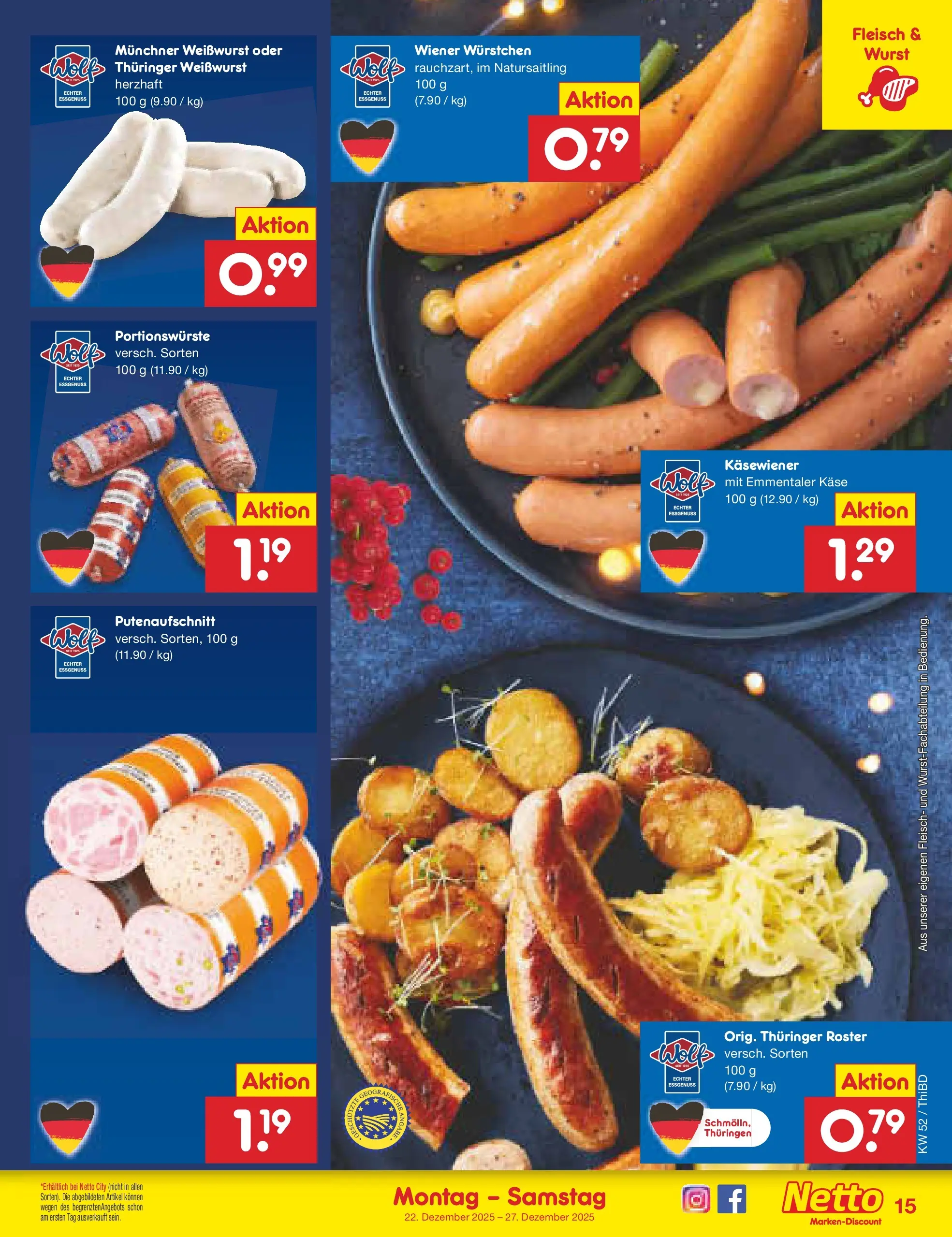 Netto Marken-Discount prospekt Thiendorf	 (ab 22.12.2025) » Angebote | Seite: 15 | Produkte: Käse, Weißwurst, Wurst, Fleisch