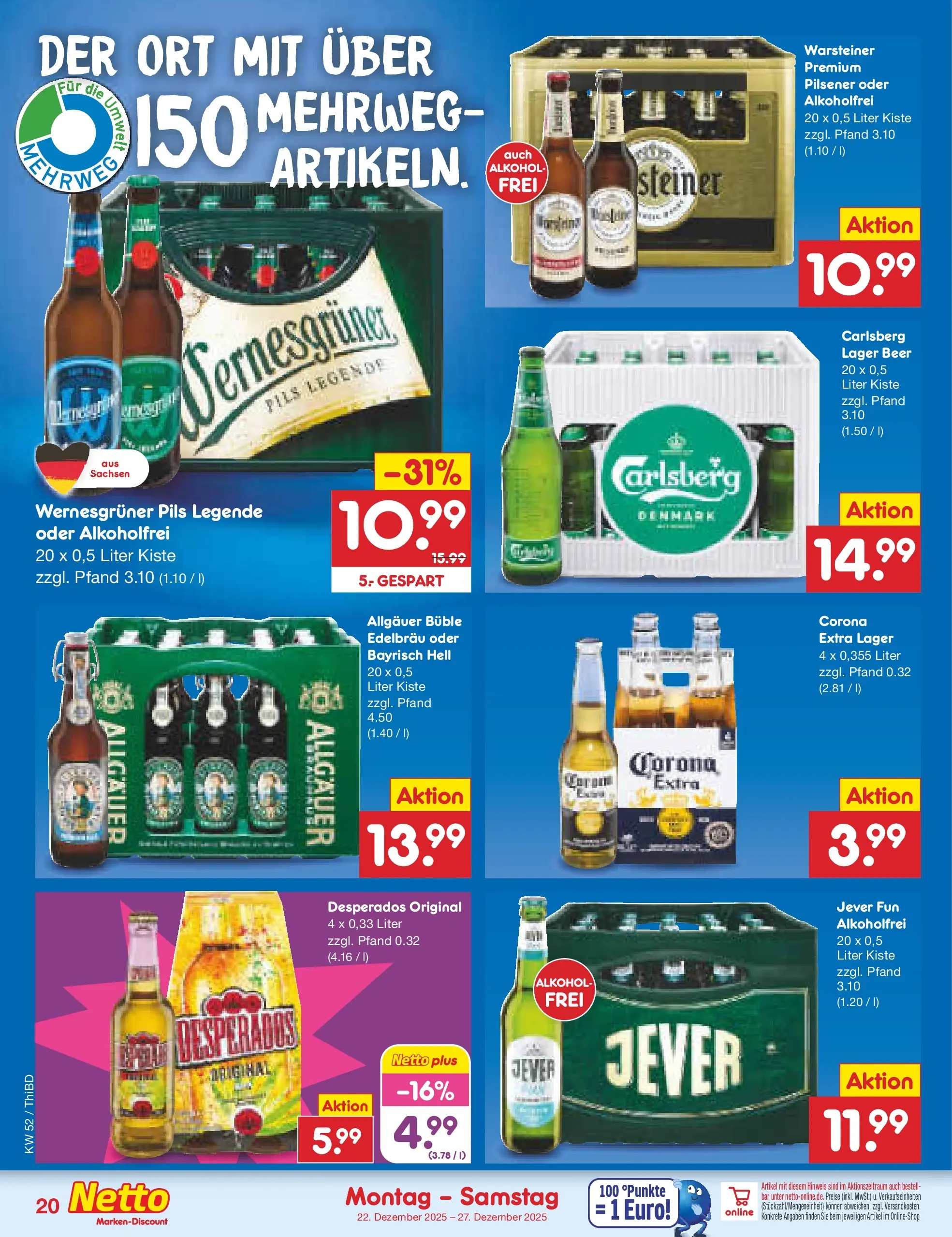 Netto Marken-Discount prospekt Thiendorf	 (ab 22.12.2025) » Angebote | Seite: 20 | Produkte: Carlsberg, Warsteiner, Jever, Desperados