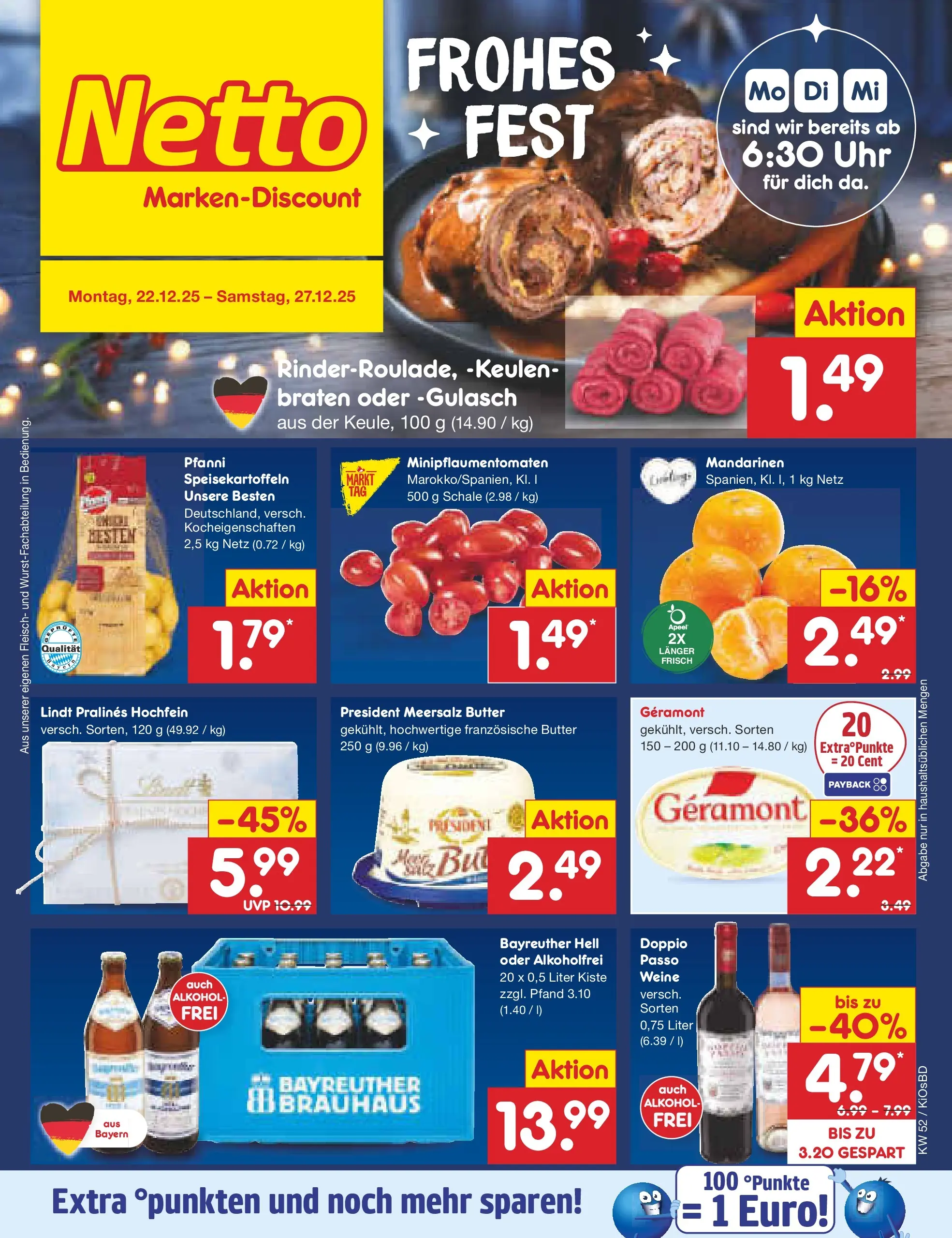 Netto Marken-Discount prospekt Mistelbach	 (ab 22.12.2025) » Angebote | Seite: 1 | Produkte: Bayreuther hell, Butter, Mandarinen, Lindt