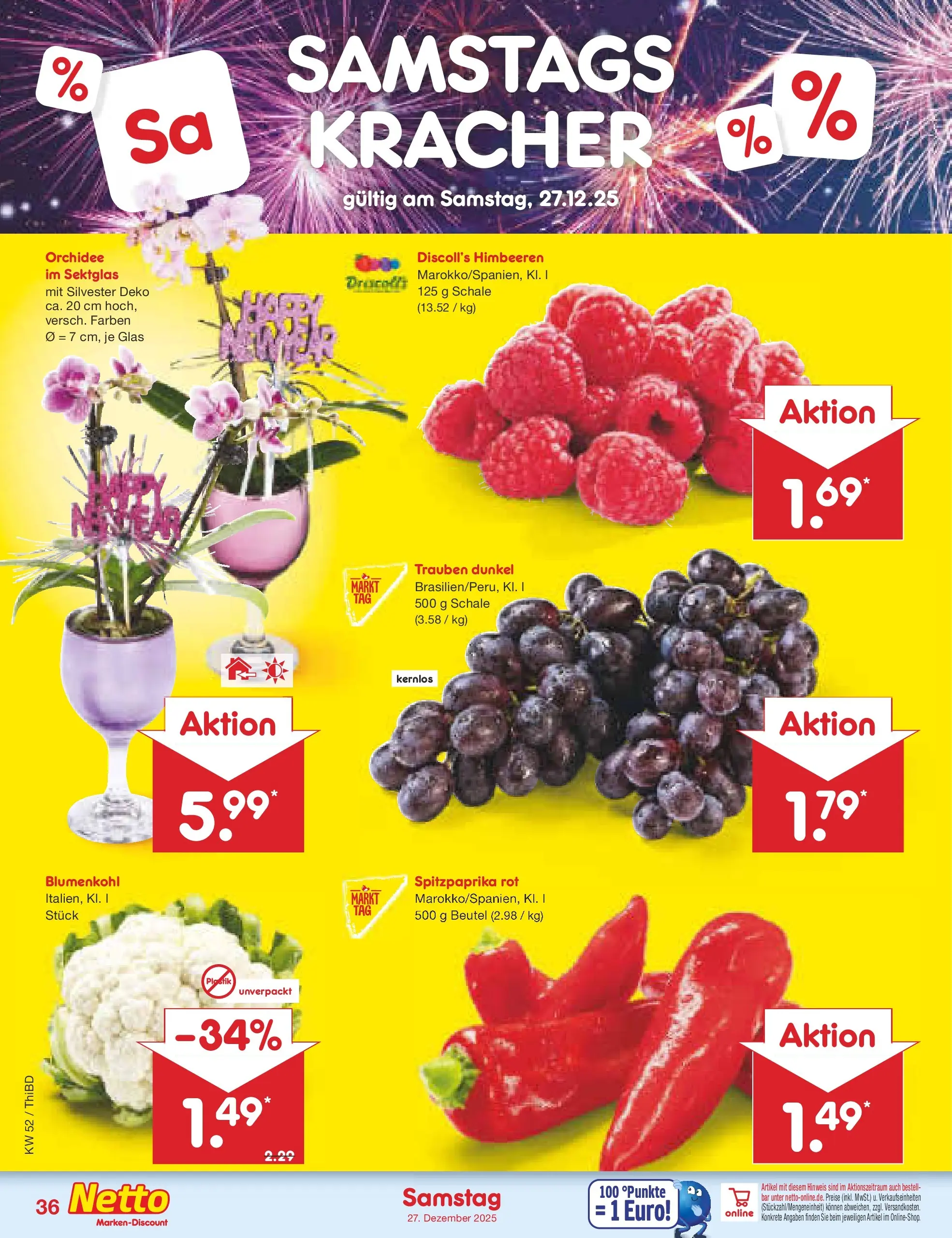 Netto Marken-Discount prospekt Thiendorf	 (ab 22.12.2025) » Angebote | Seite: 40 | Produkte: Himbeeren, Trauben, Orchidee, Blumenkohl