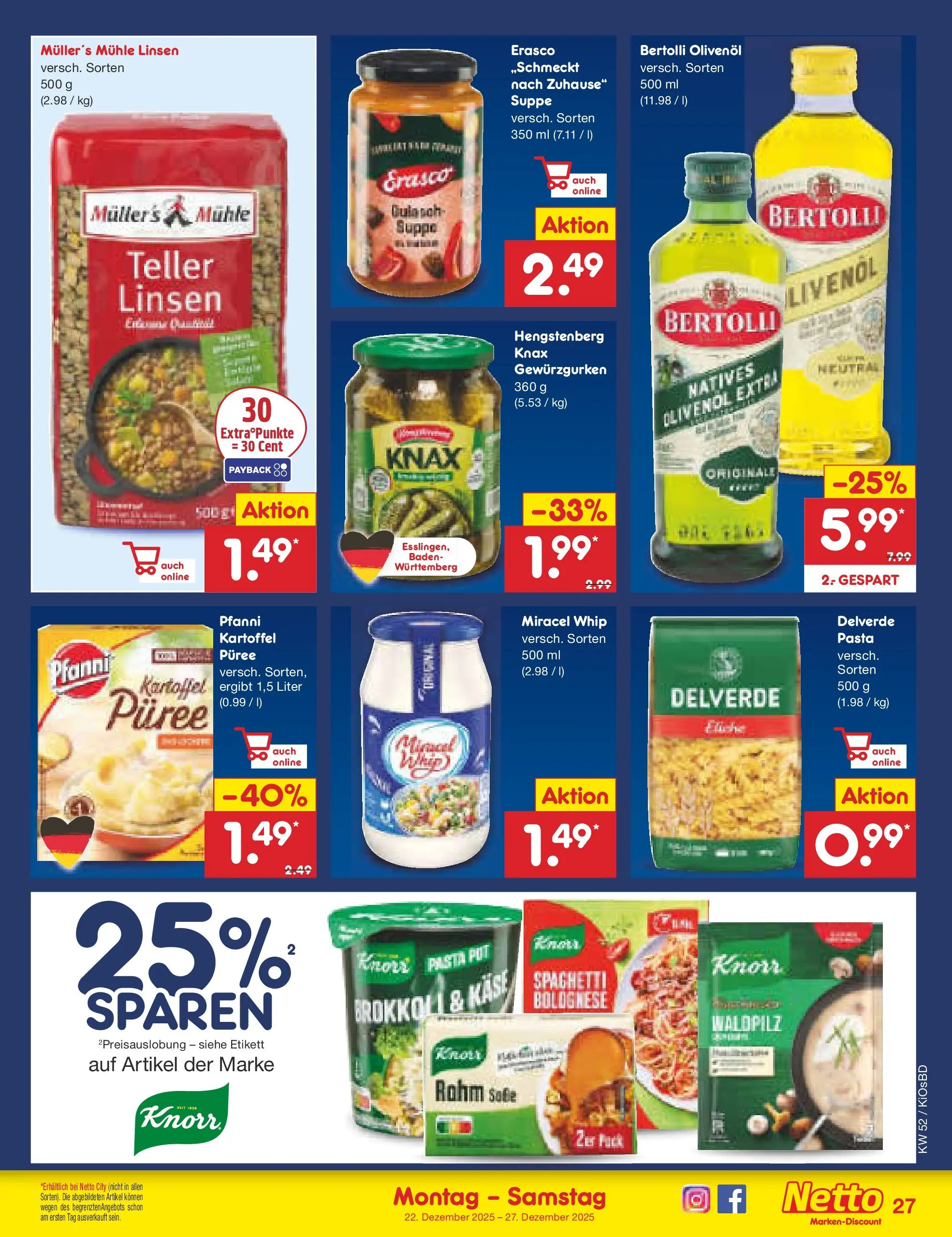 Netto Marken-Discount prospekt Mistelbach	 (ab 22.12.2025) » Angebote | Seite: 27 | Produkte: Mühle, Miracel whip, Brokkoli, Erasco