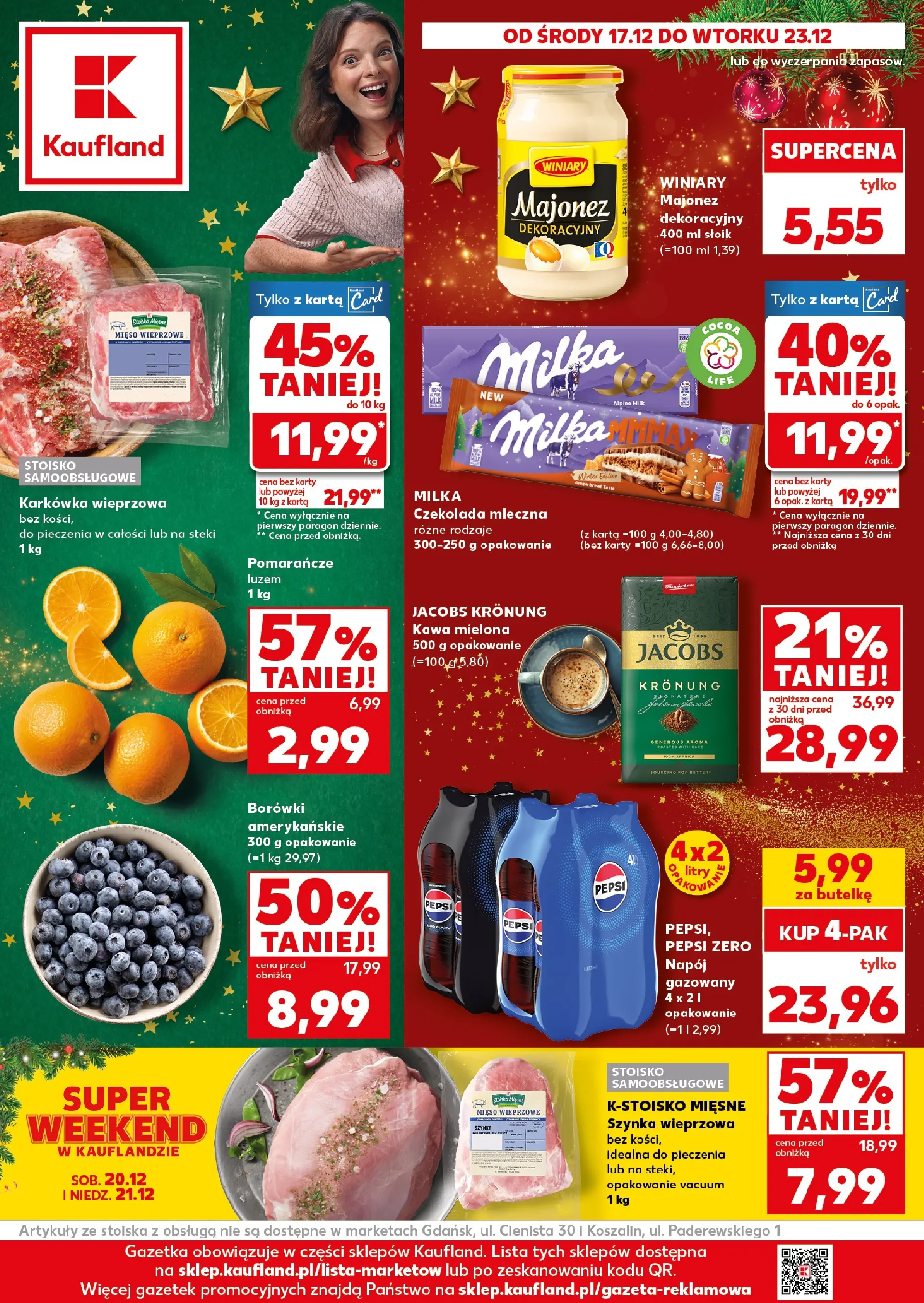 Kaufland gazetka od 17.12.2025 | Boże Narodzenie 🎄🎁 | Strona: 1 | Produkty: Karkówka wieprzowa, Szynka wieprzowa, Milka, Pomarańcze