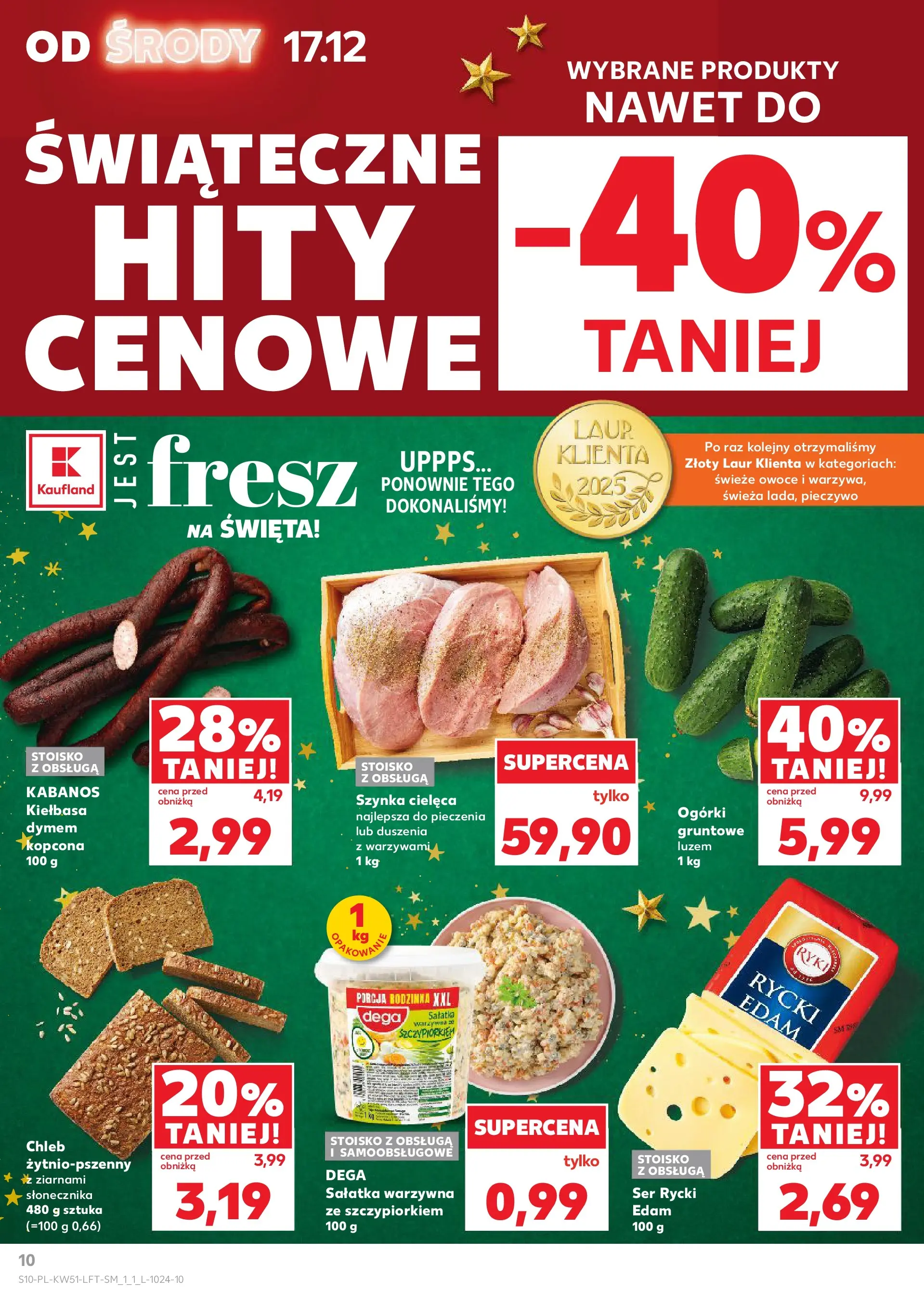 Kaufland gazetka od 17.12.2025 | Boże Narodzenie 🎄🎁 | Strona: 10 | Produkty: Kiełbasa, Ser, Chleb, Sałatka