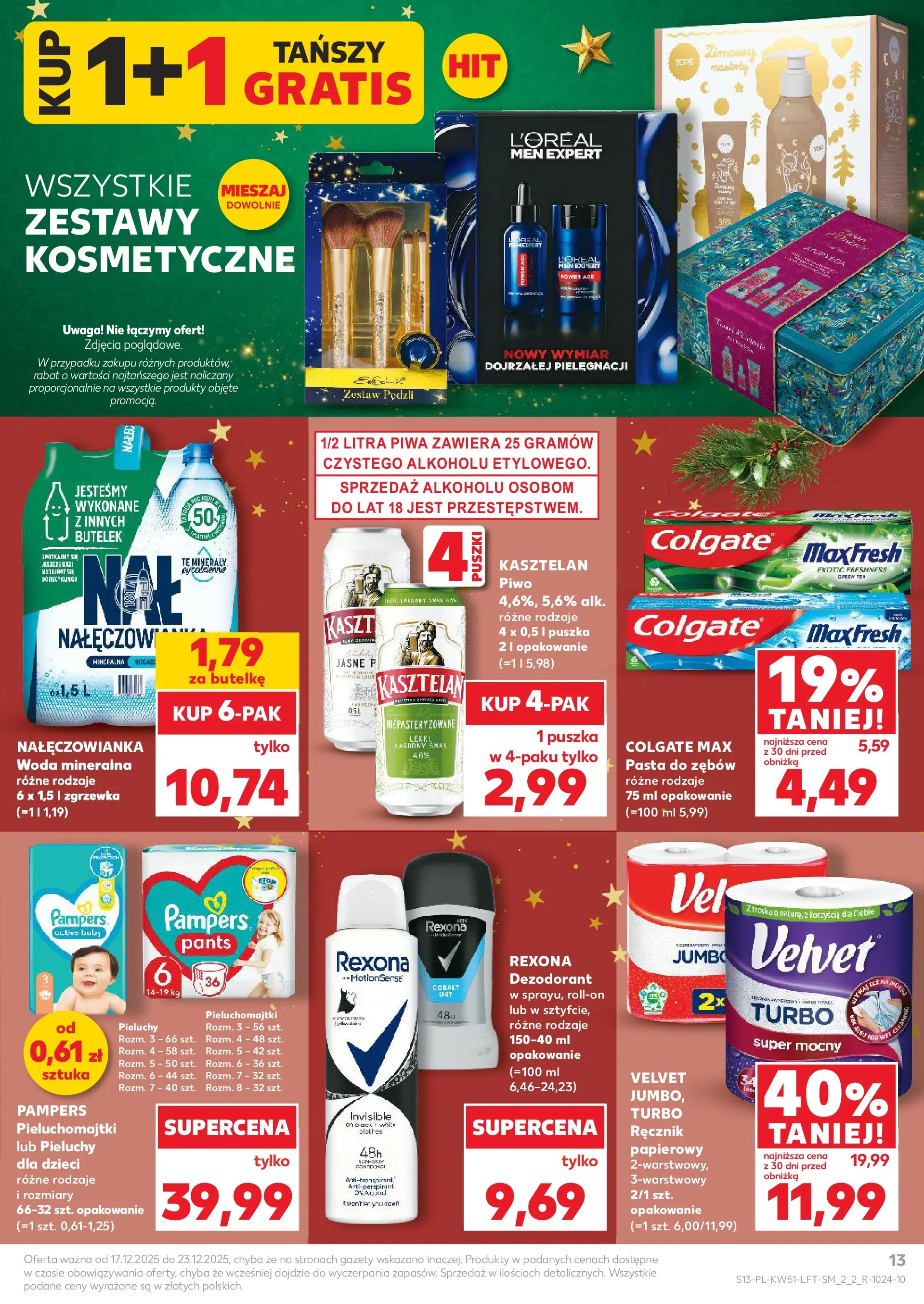 Kaufland gazetka od 17.12.2025 | Boże Narodzenie 🎄🎁 | Strona: 13 | Produkty: Pampers, Pieluchomajtki, Pasta do zębów, Woda