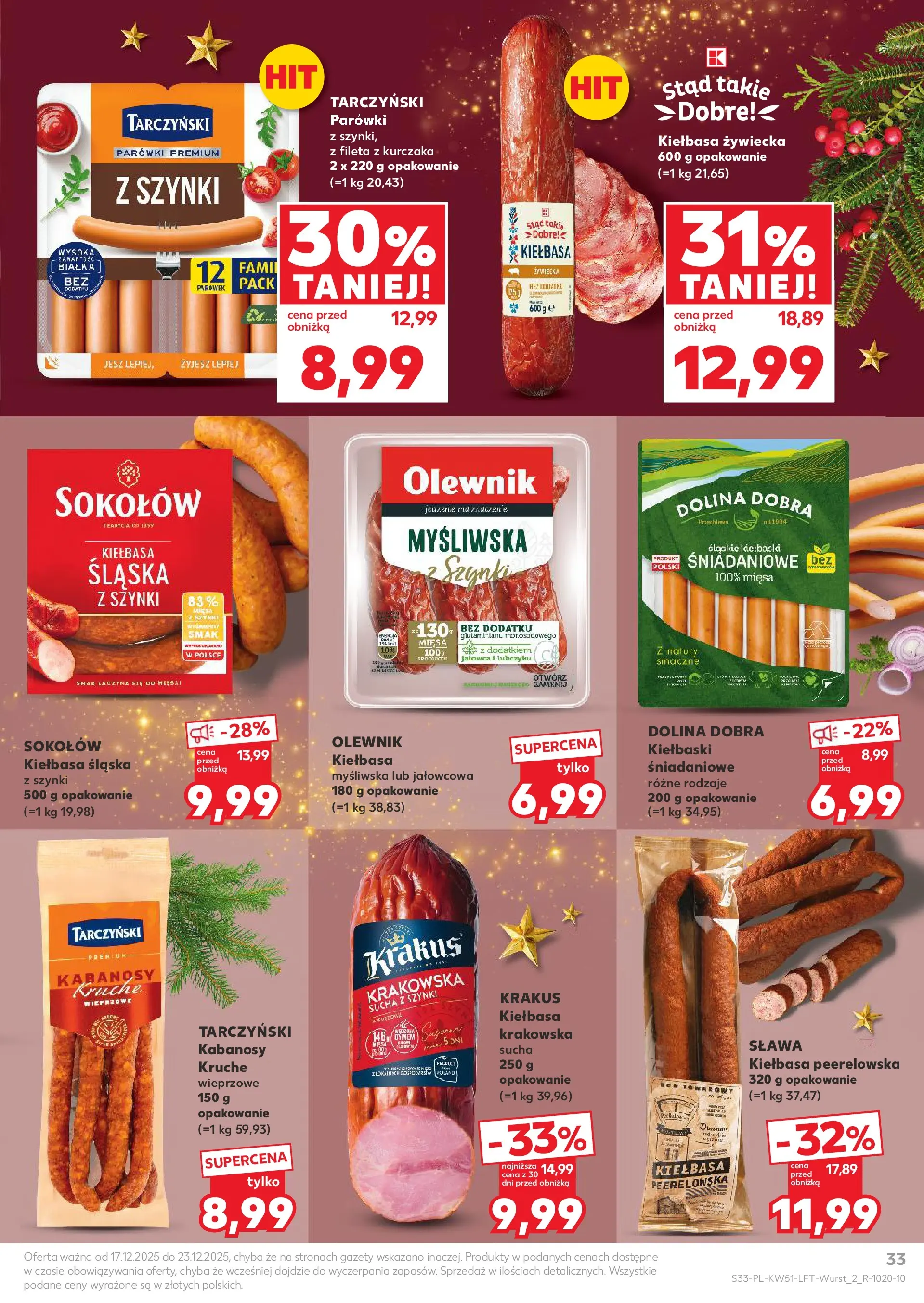 Kaufland gazetka od 17.12.2025 | Boże Narodzenie 🎄🎁 | Strona: 33 | Produkty: Kiełbasa, Kabanosy, Parówki, Kiełbaski