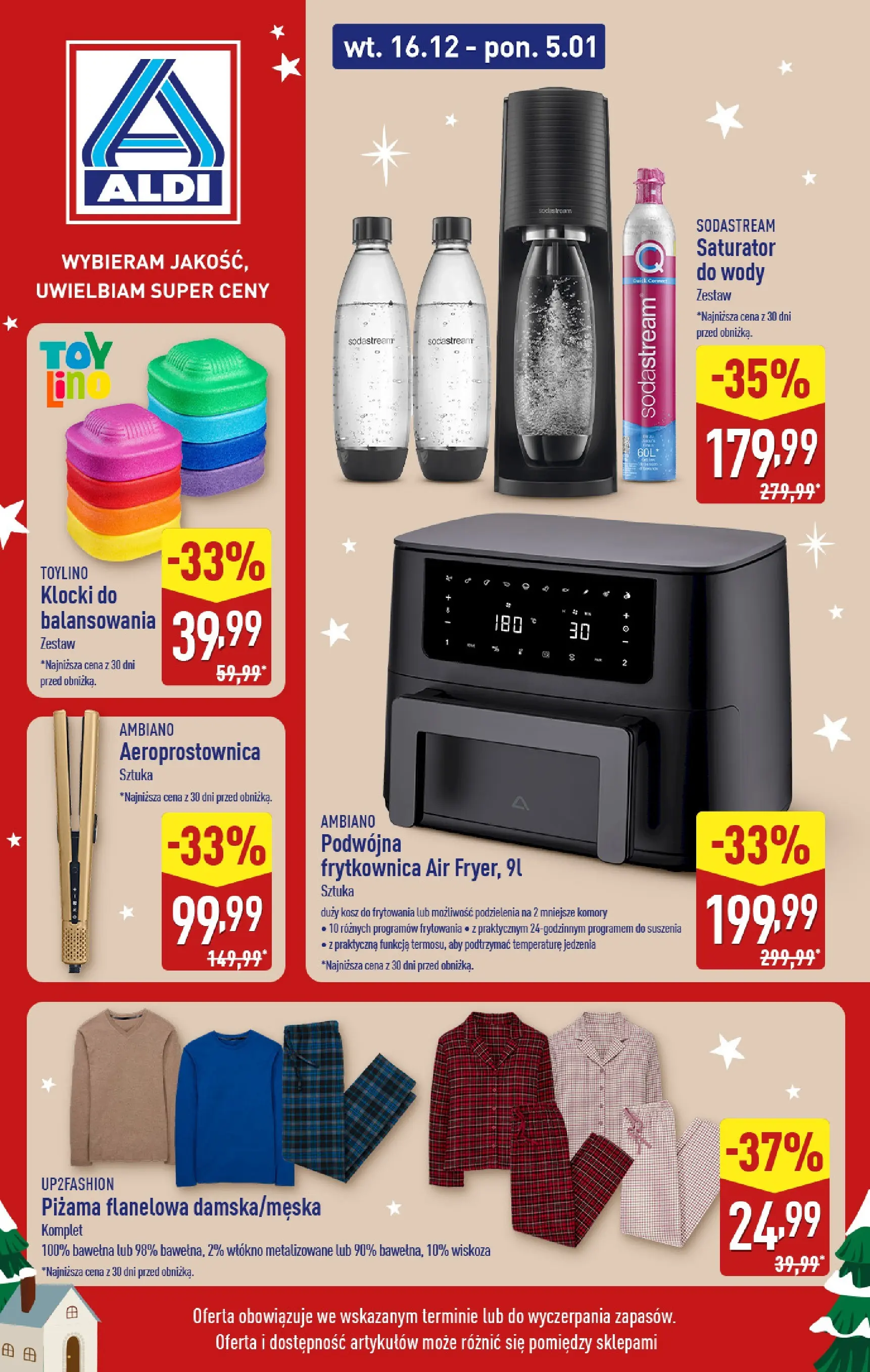 Aldi gazetka od 16.12.2025 | Boże Narodzenie 🎄🎁 | Strona: 1 | Produkty: Piżama, Frytkownica, Kosz, Sodastream