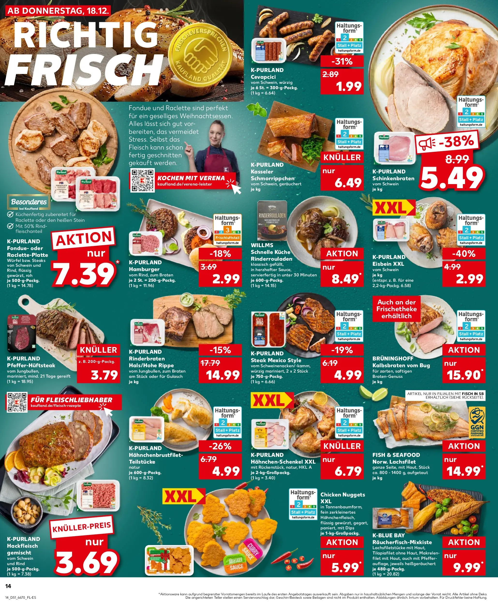 Prospekt Kaufland ab 18.12.2025 » Angebote Online zum Blättern | Seite: 14 | Produkte: Rinderbraten, Cevapcici, Raclette, Fleisch